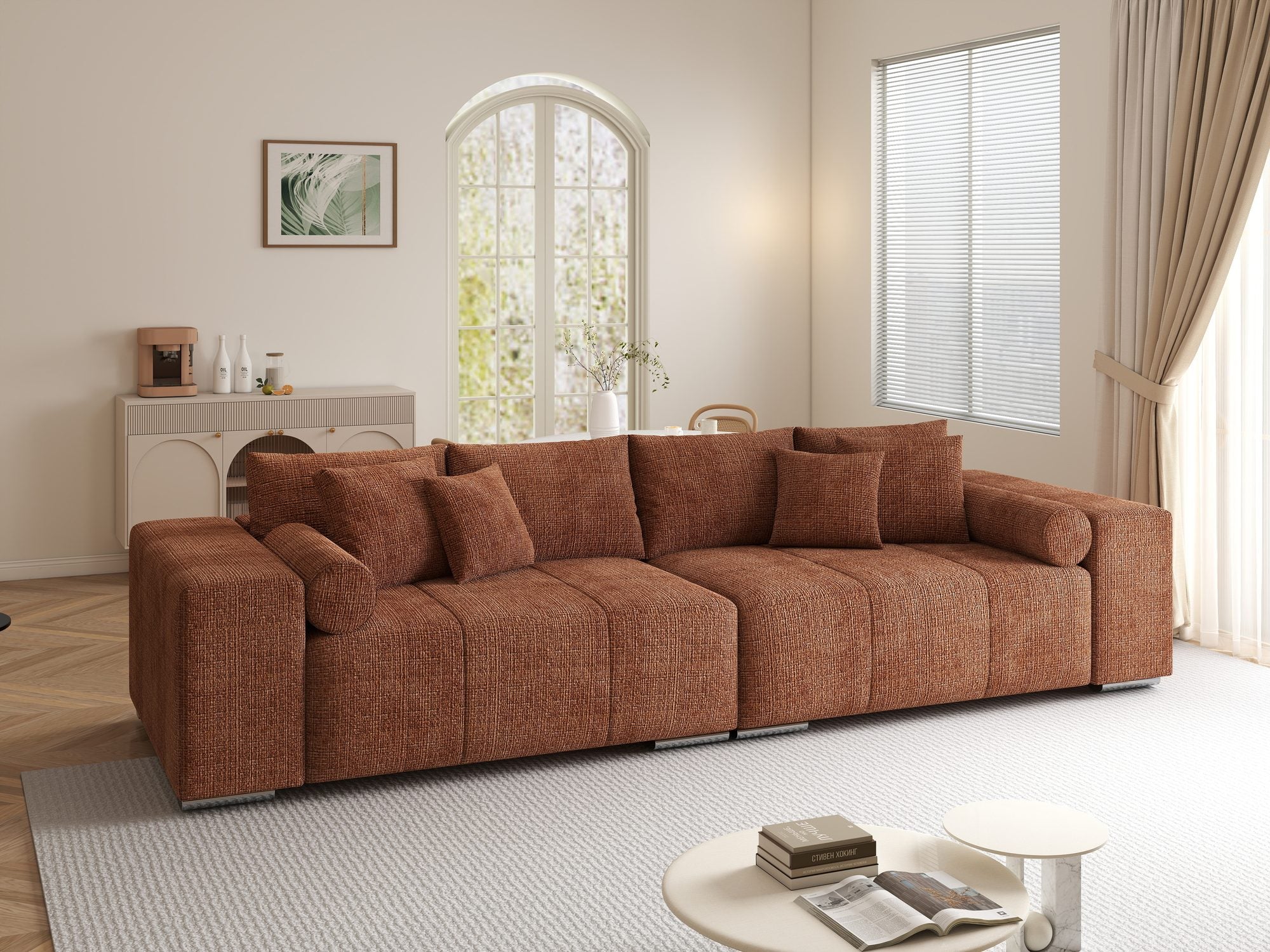 Canapea extensibilă dumonde cu ladă de depozitare si sezut confortabil din spuma high-density, Marbela XXL Cremona Teracota 52 290x100 cm
