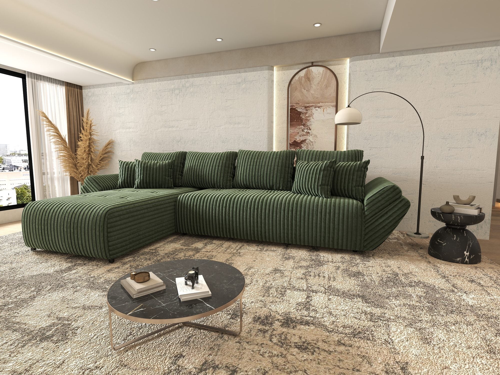 Colțar extensibil dumonde cu ladă de depozitare si sezut confortabil din spuma high-density, Berlin XL Tilia Verde 39 350x185 cm