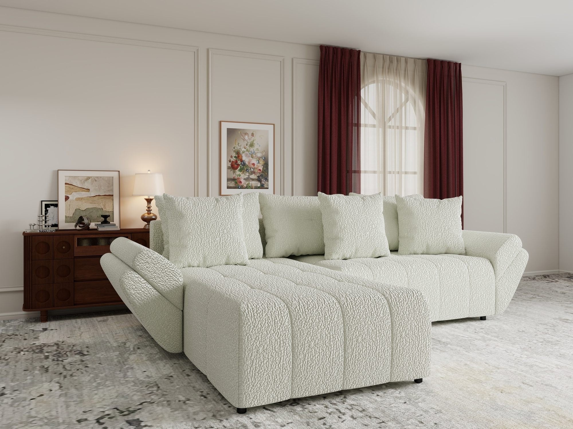 Colțar extensibil dumonde cu ladă de depozitare si sezut confortabil din spuma high-density, Berlin Jaguar Ivory 1 280x185 cm