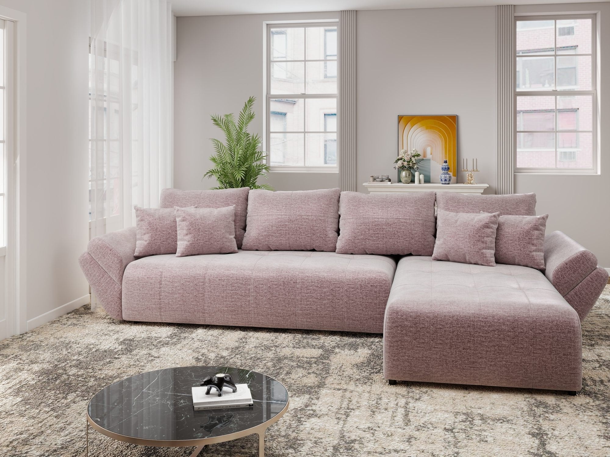 Colțar extensibil dumonde cu ladă de depozitare si sezut confortabil din spuma high-density, Berlin XL Monolith Roz Pudrat 62 II 350x185 cm