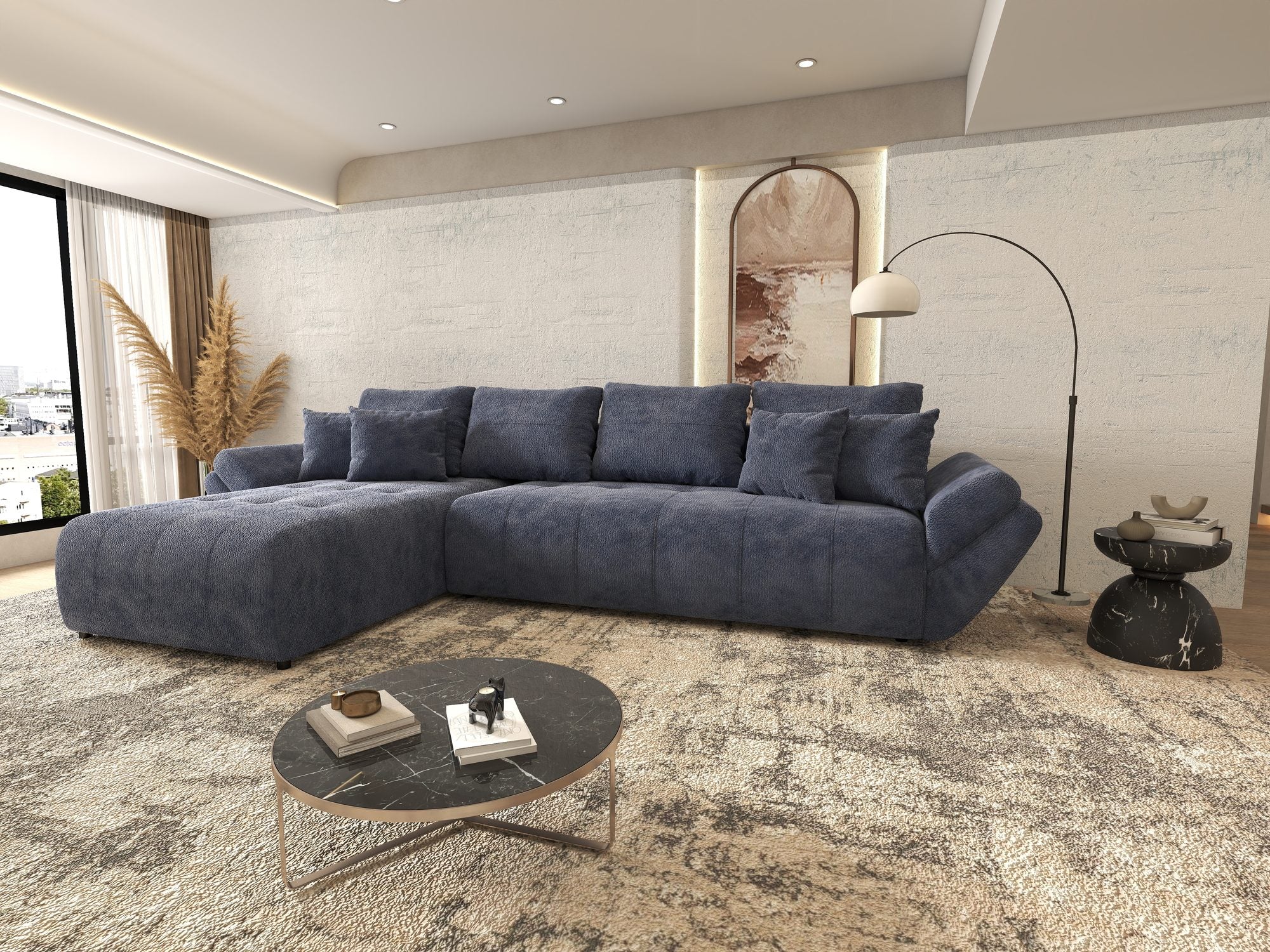 Colțar extensibil dumonde cu ladă de depozitare si sezut confortabil din spuma high-density, Berlin XL Vibe Albastru 79 350x185 cm