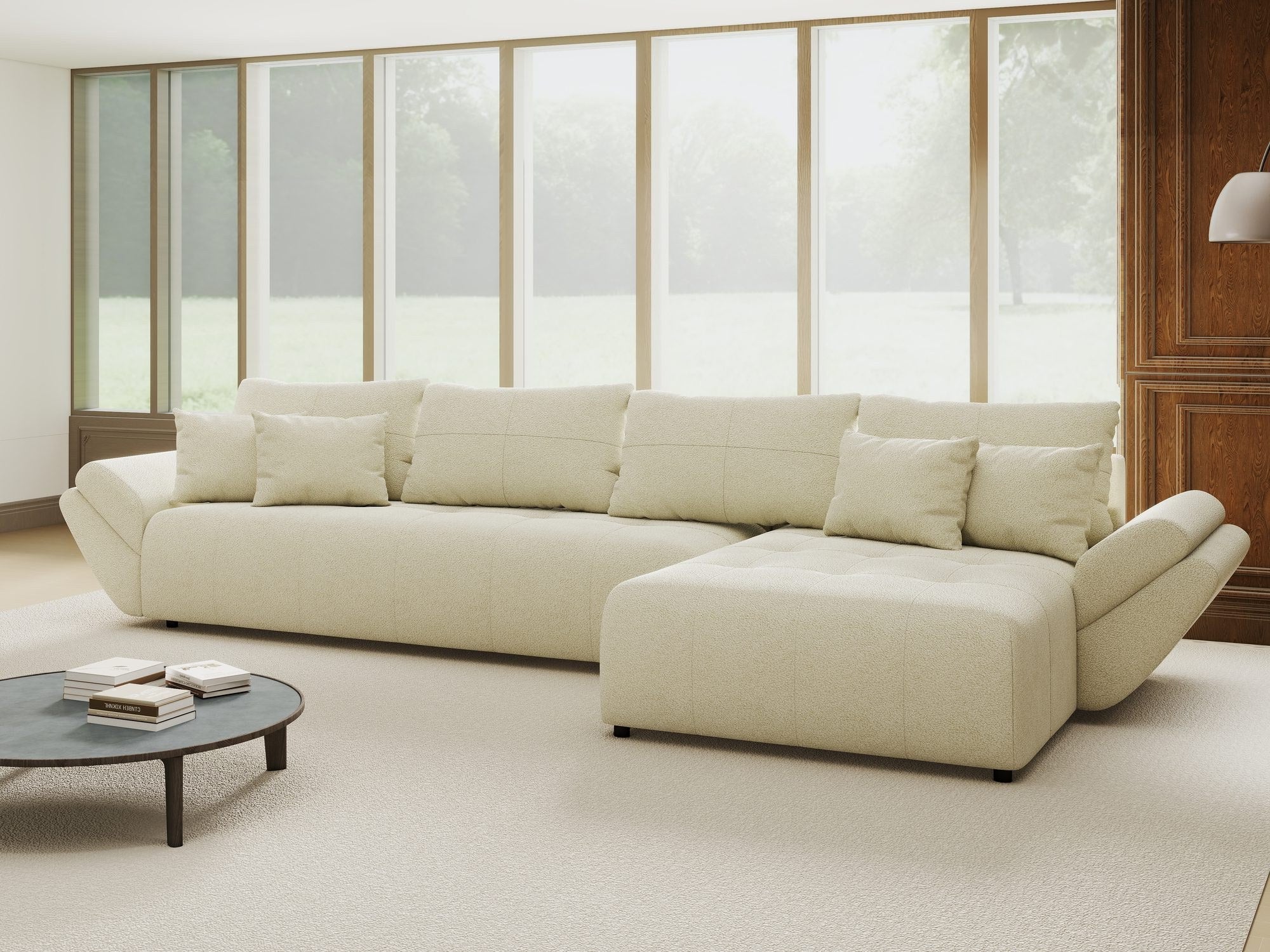 Colțar extensibil dumonde cu ladă de depozitare si sezut confortabil din spuma high-density, Berlin XL Quelle Bej 02 II 350x185 cm