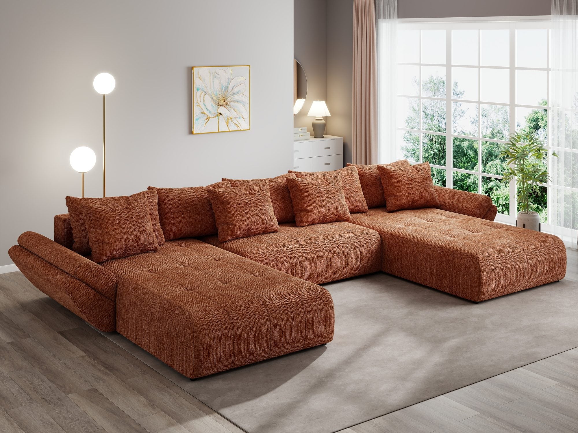 Colțar extensibil dumonde cu ladă de depozitare si sezut confortabil din spuma high-density, Berlin U Cremona Teracota 52 380x180 cm