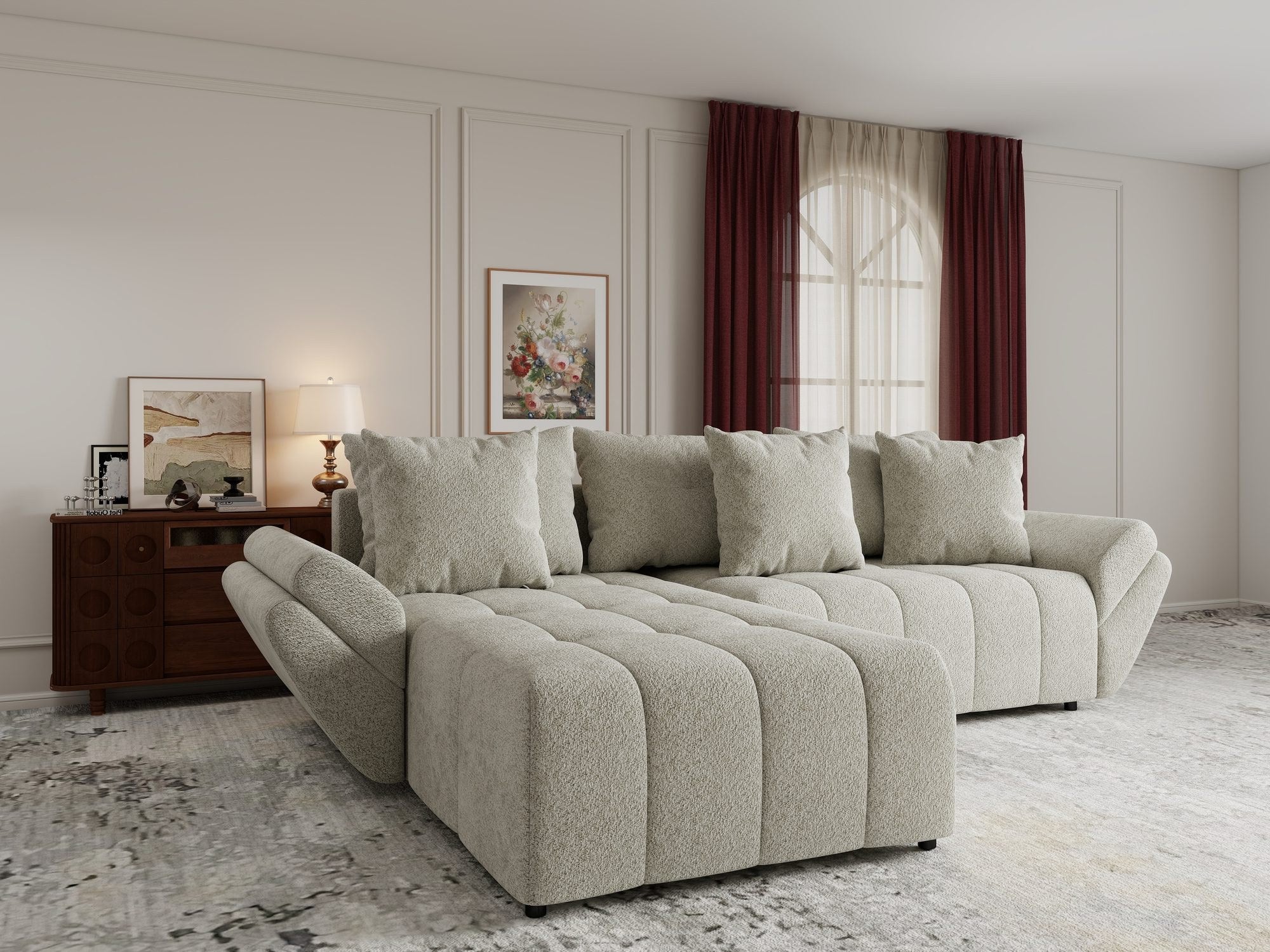 Colțar extensibil dumonde cu ladă de depozitare si sezut confortabil din spuma high-density, Berlin Arena Bej 20 280x185 cm