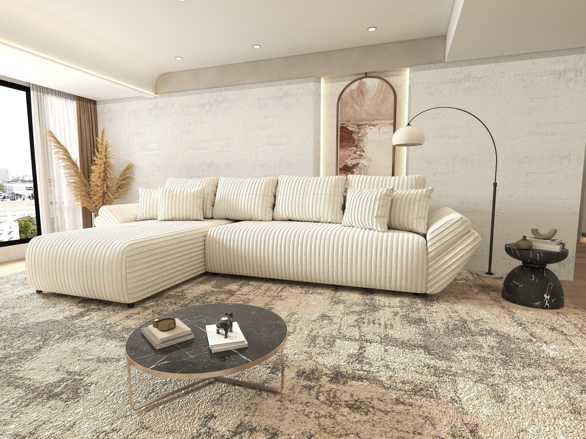 Colțar extensibil dumonde cu ladă de depozitare si sezut confortabil din spuma high-density, Berlin XL Tilia Bej 01 350x185 cm