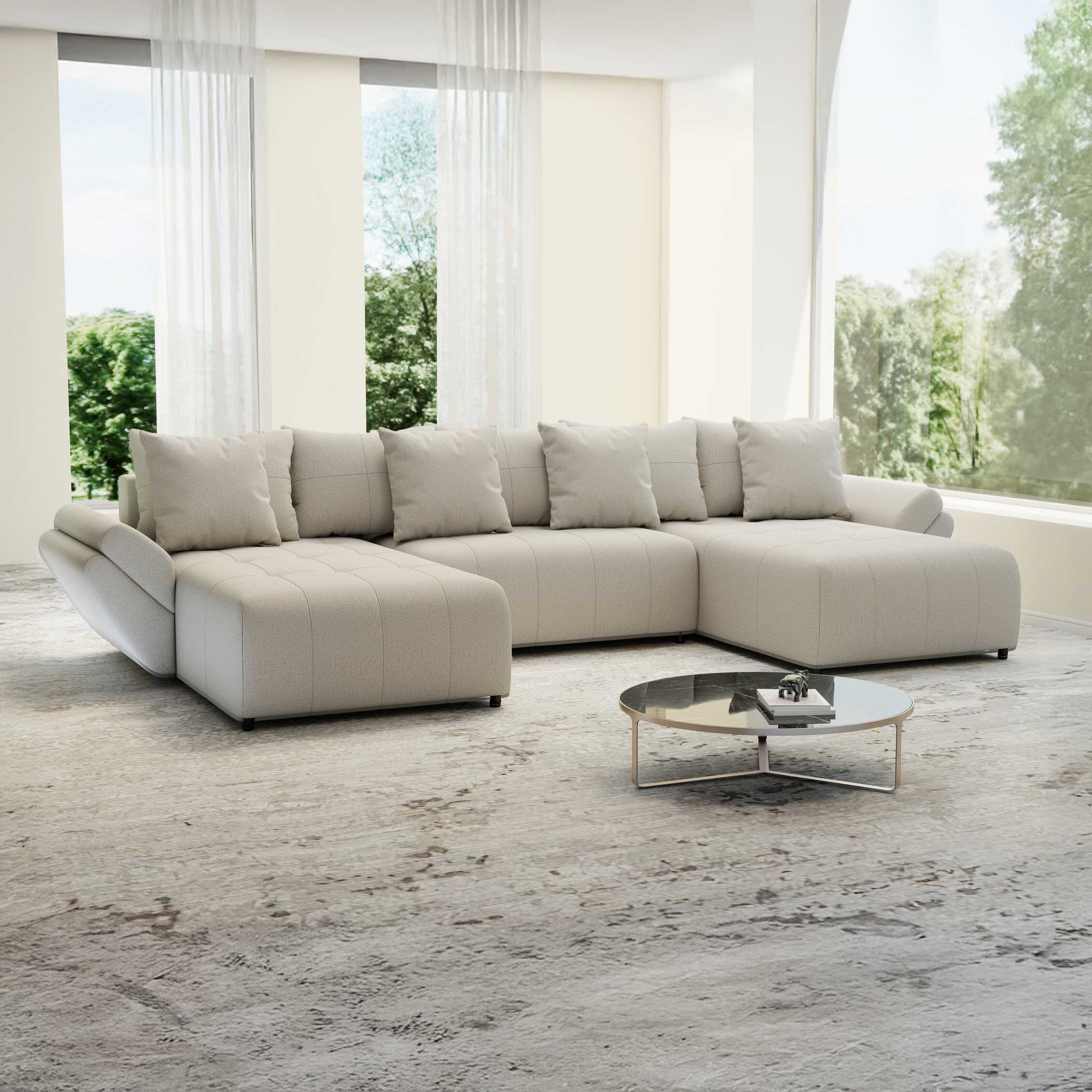 Colțar extensibil dumonde cu ladă de depozitare si sezut confortabil din spuma high-density, Berlin U Enjoy Bej 400x185 cm
