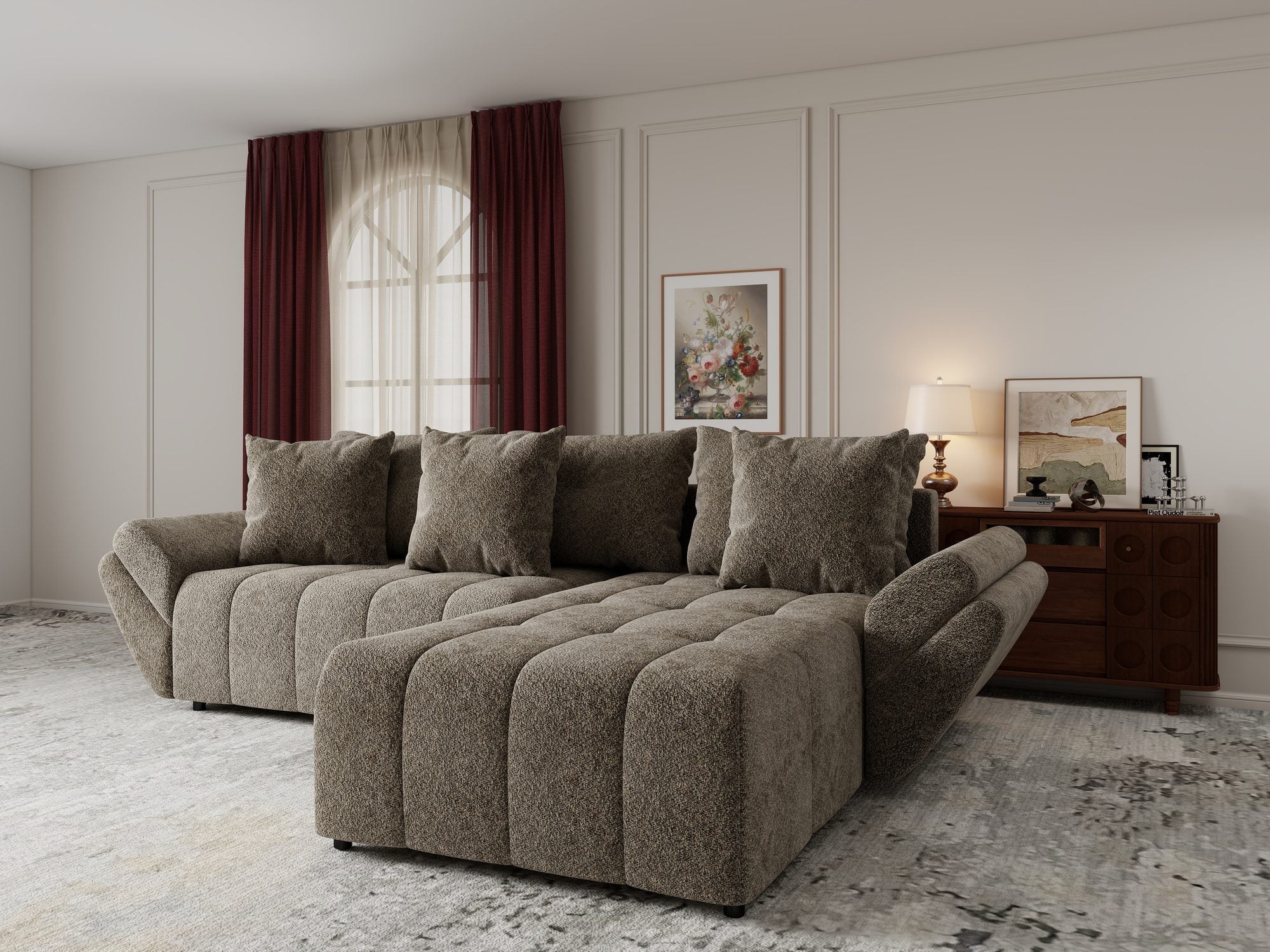 Colțar extensibil dumonde cu ladă de depozitare si sezut confortabil din spuma high-density, Berlin Arena Bej 4 II 280x185 cm