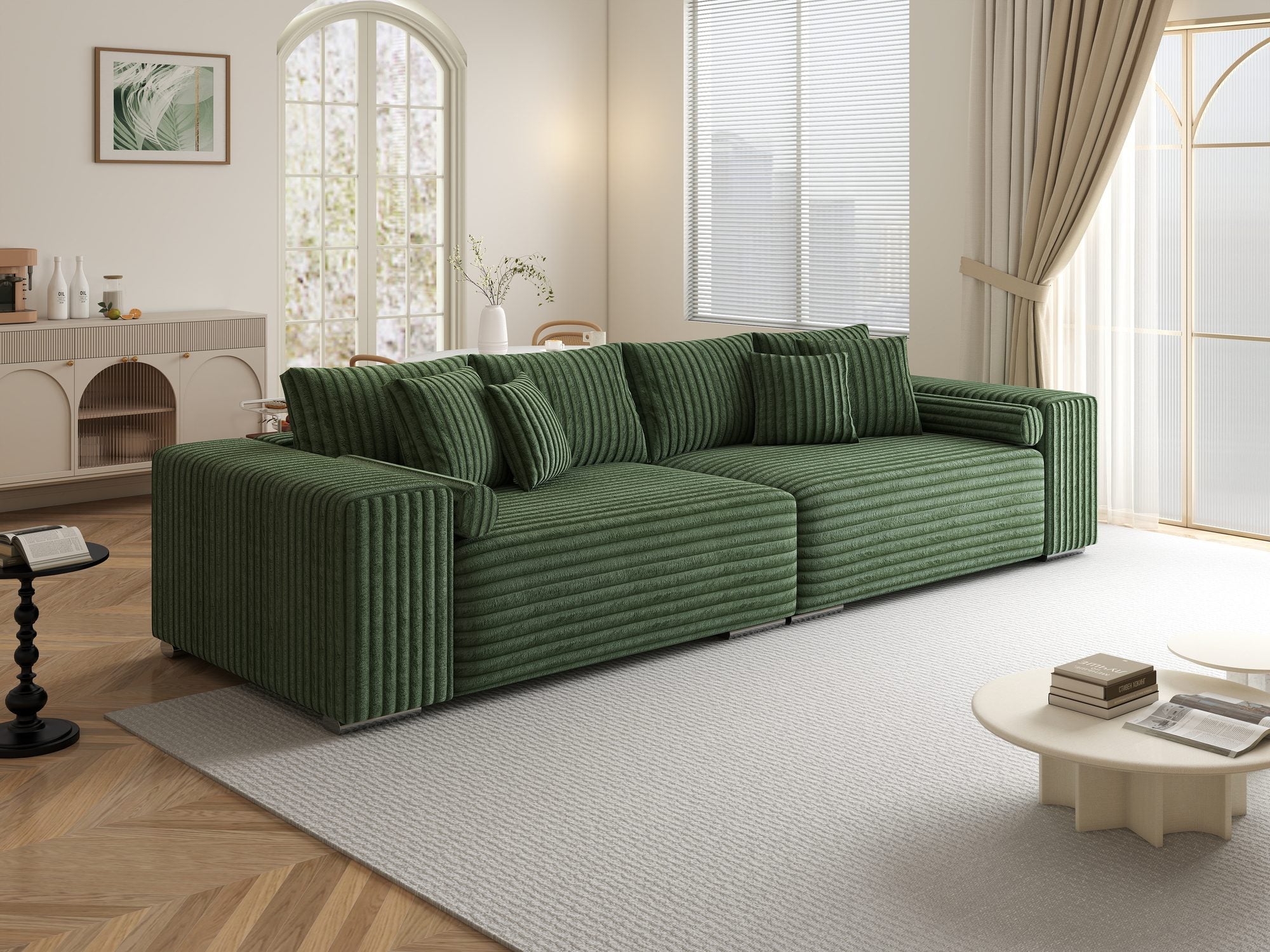 Canapea extensibilă dumonde cu ladă de depozitare si sezut confortabil din spuma high-density, Marbela XXL Tilia Verde 39 290x100 cm