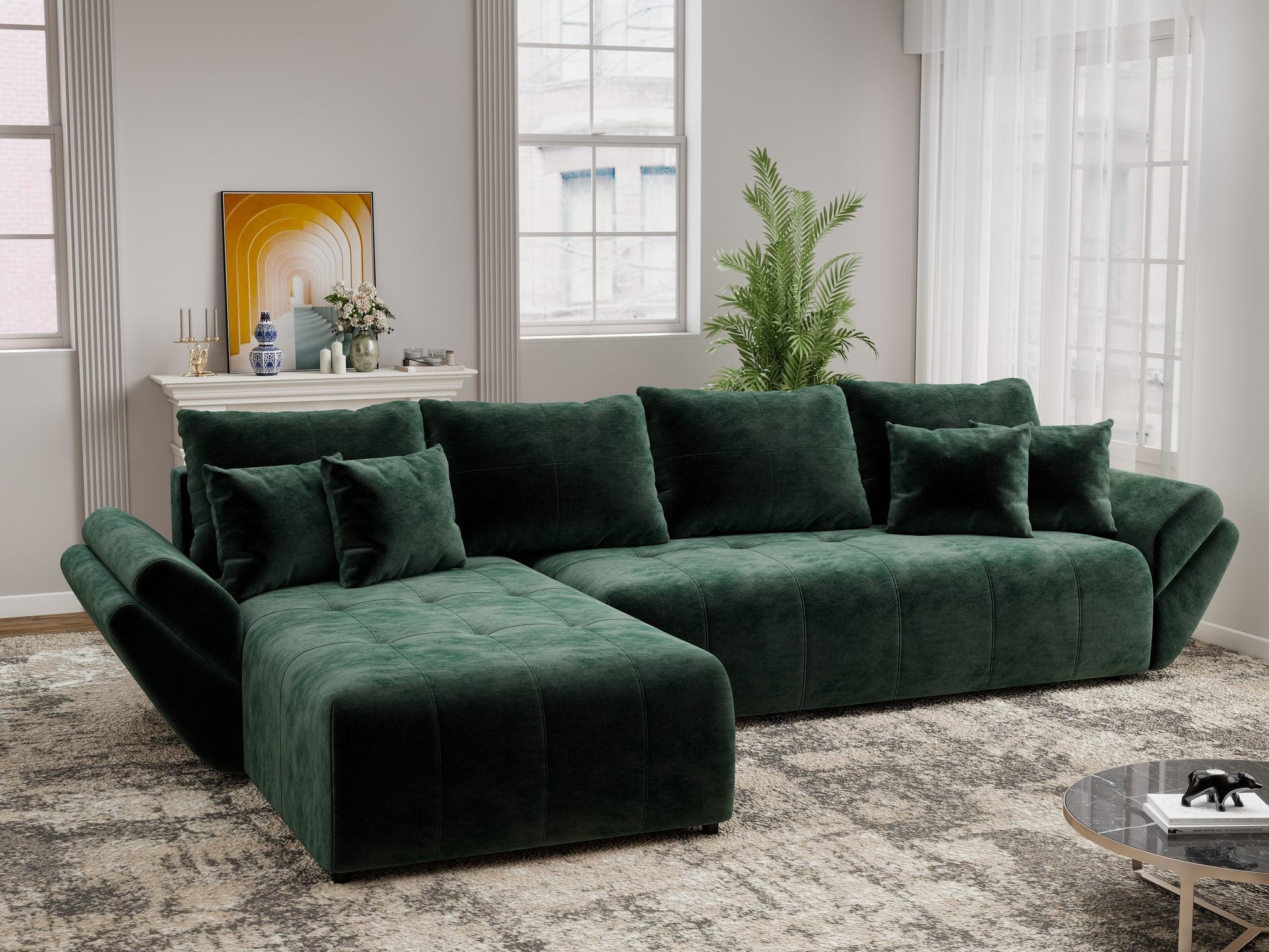 Colțar extensibil dumonde cu ladă de depozitare si sezut confortabil din spuma high-density, Berlin XL Monolith Verde 37 350x185 cm