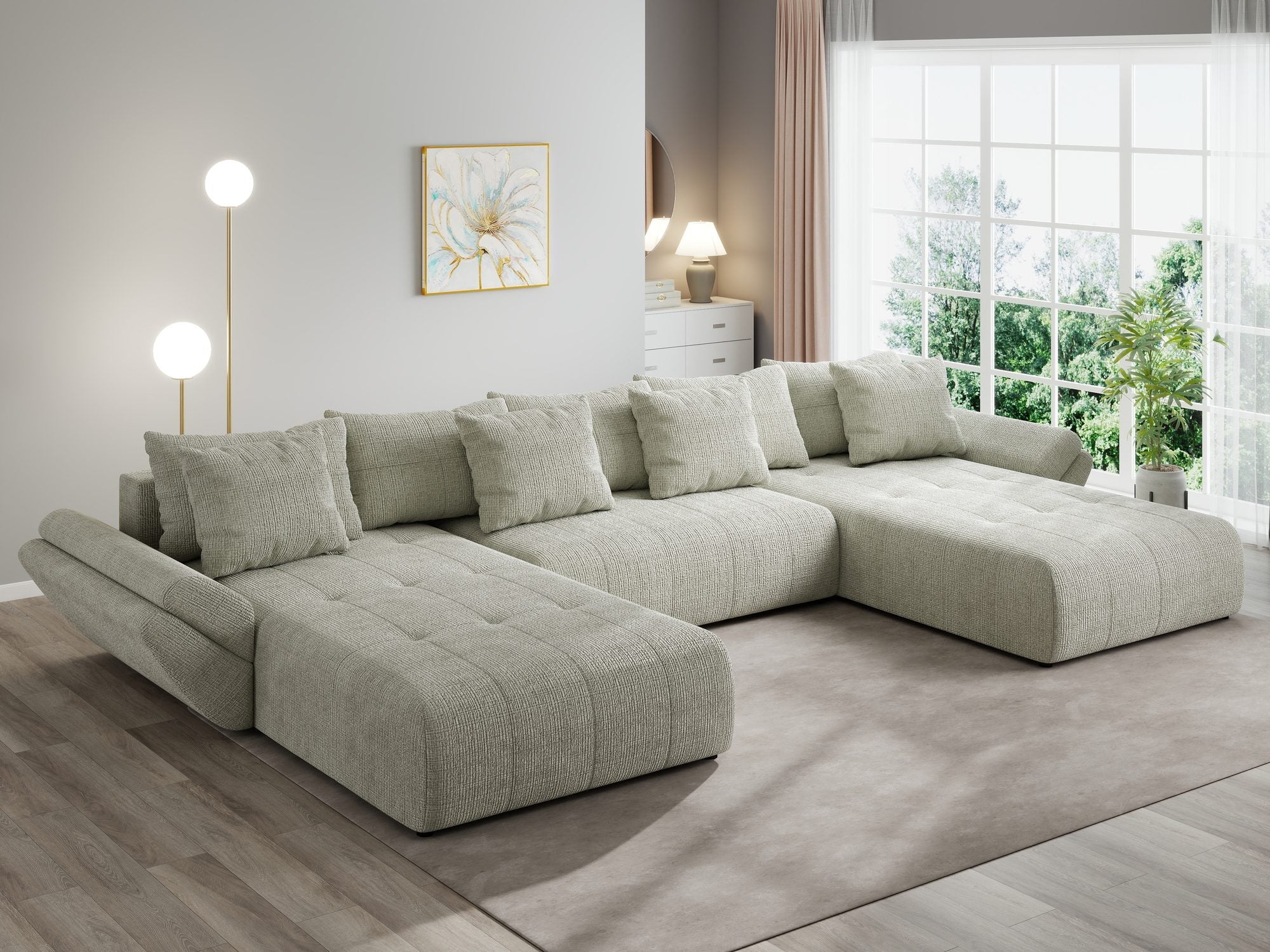 Colțar extensibil dumonde cu ladă de depozitare si sezut confortabil din spuma high-density, Berlin U Cremona Bej 04 380x180 cm