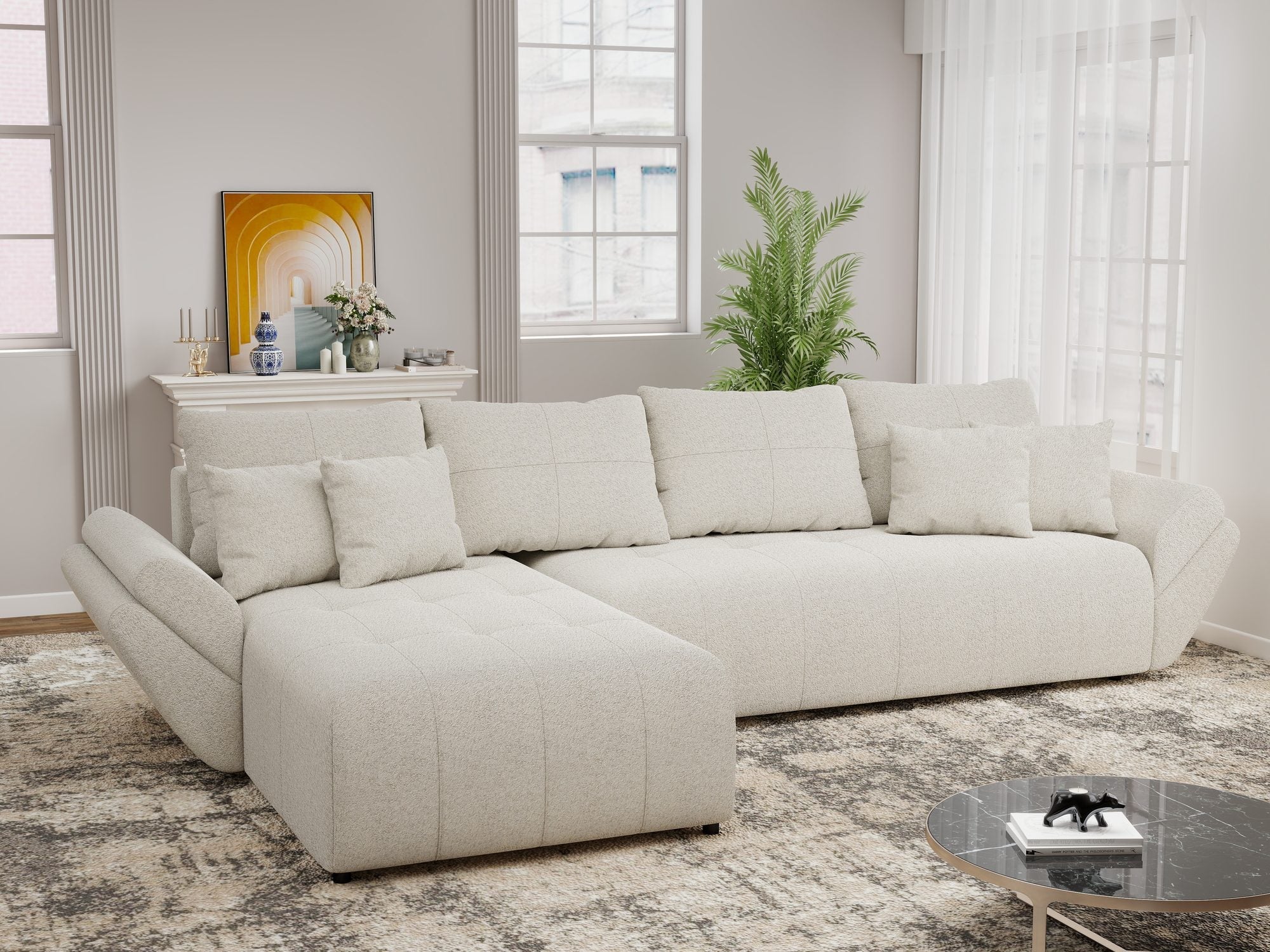 Colțar extensibil dumonde cu ladă de depozitare si sezut confortabil din spuma high-density, Berlin XL Monte Bej 03 350x185 cm