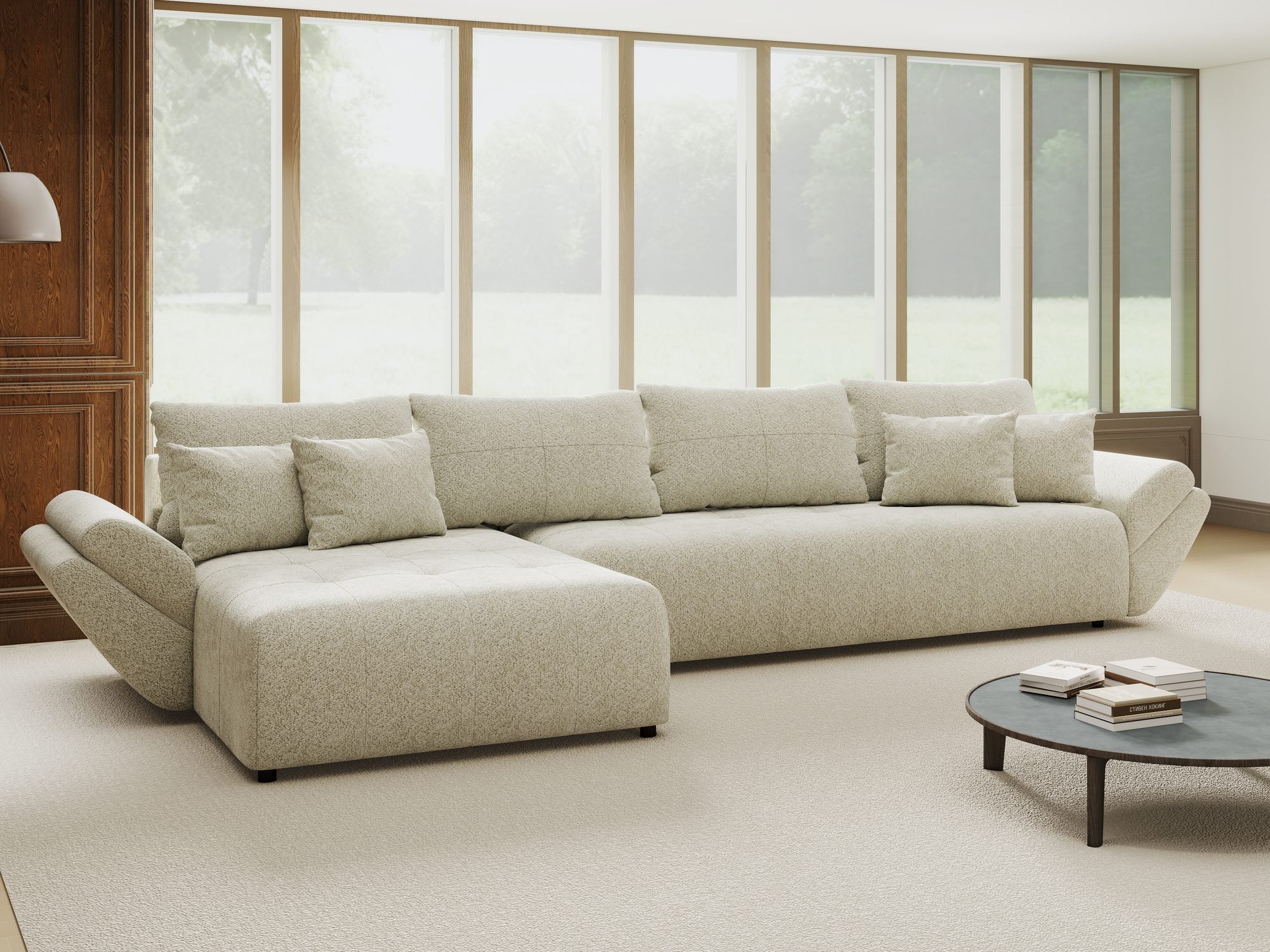 Colțar extensibil dumonde cu ladă de depozitare si sezut confortabil din spuma high-density, Berlin XL Arena Bej 20 350x185 cm