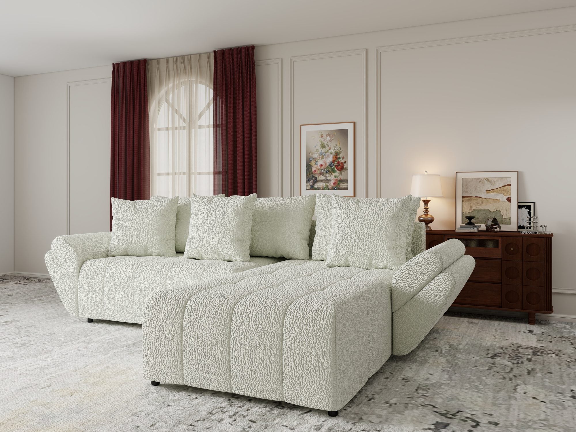 Colțar extensibil dumonde cu ladă de depozitare si sezut confortabil din spuma high-density, Berlin Jaguar Ivory 1 II 280x185 cm