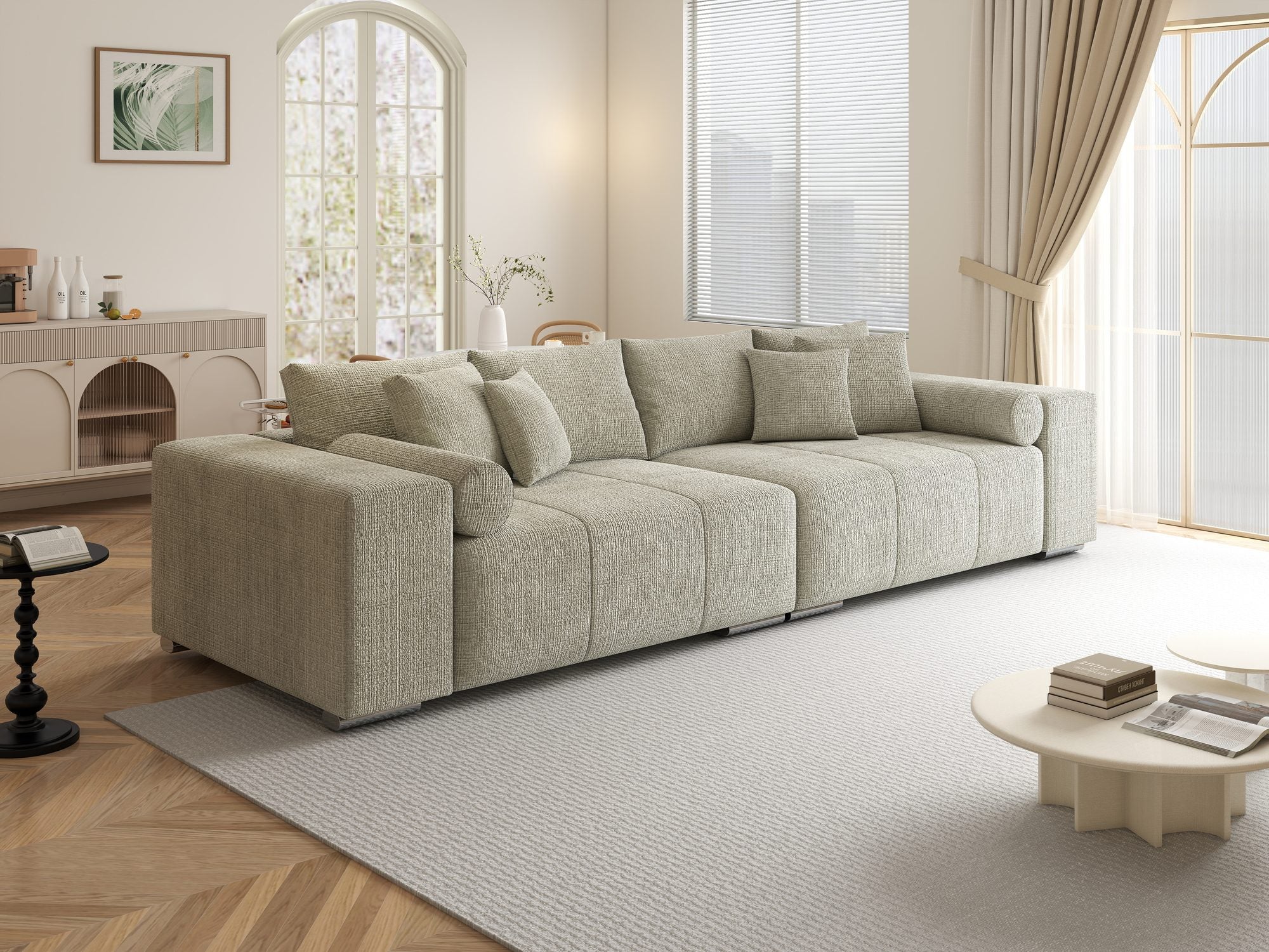 Canapea extensibilă dumonde cu ladă de depozitare si sezut confortabil din spuma high-density, Marbela XXL Cremona Bej 04 290x100 cm
