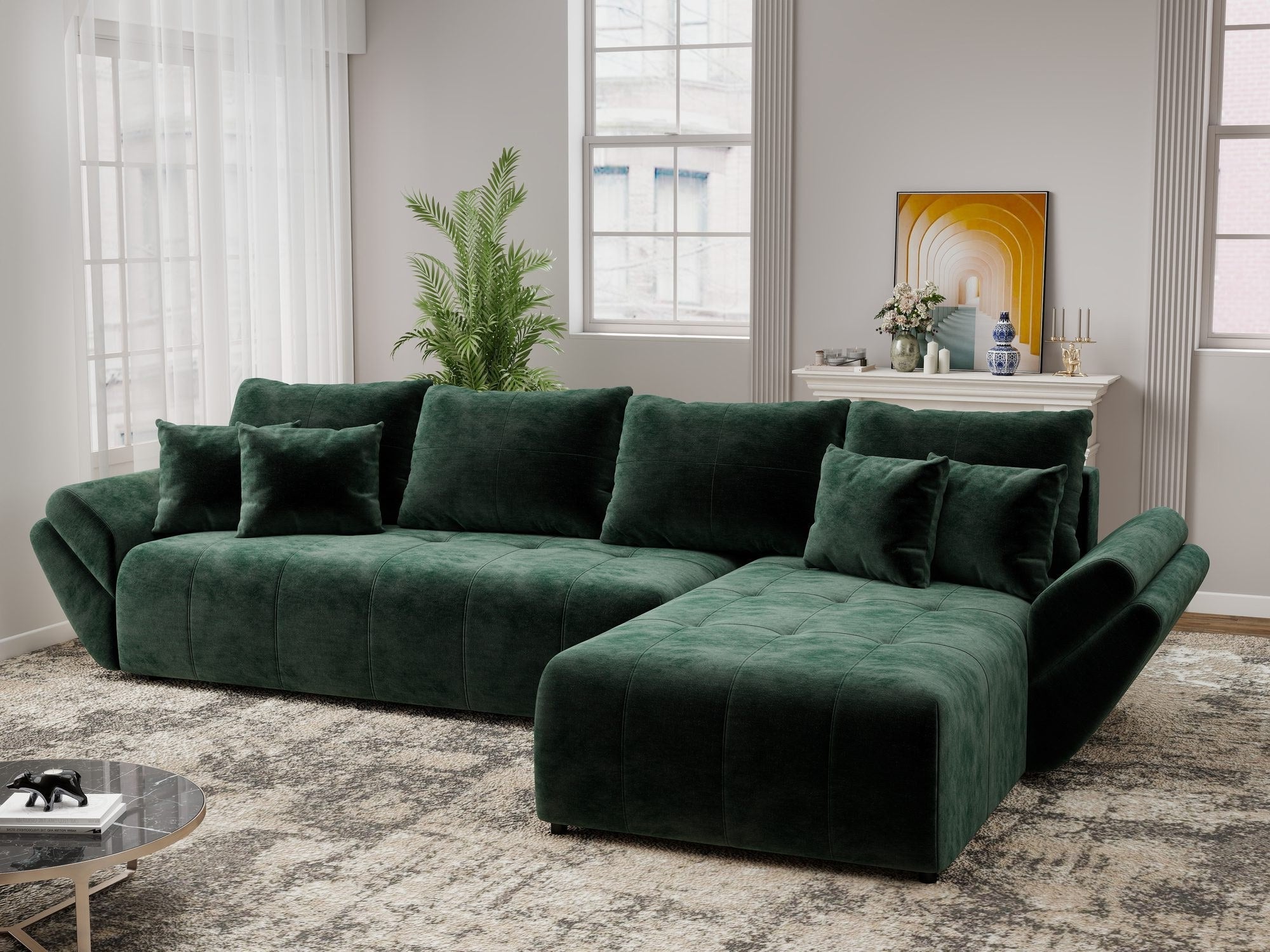 Colțar extensibil dumonde cu ladă de depozitare si sezut confortabil din spuma high-density, Berlin XL Monolith Verde 37 II 350x185 cm
