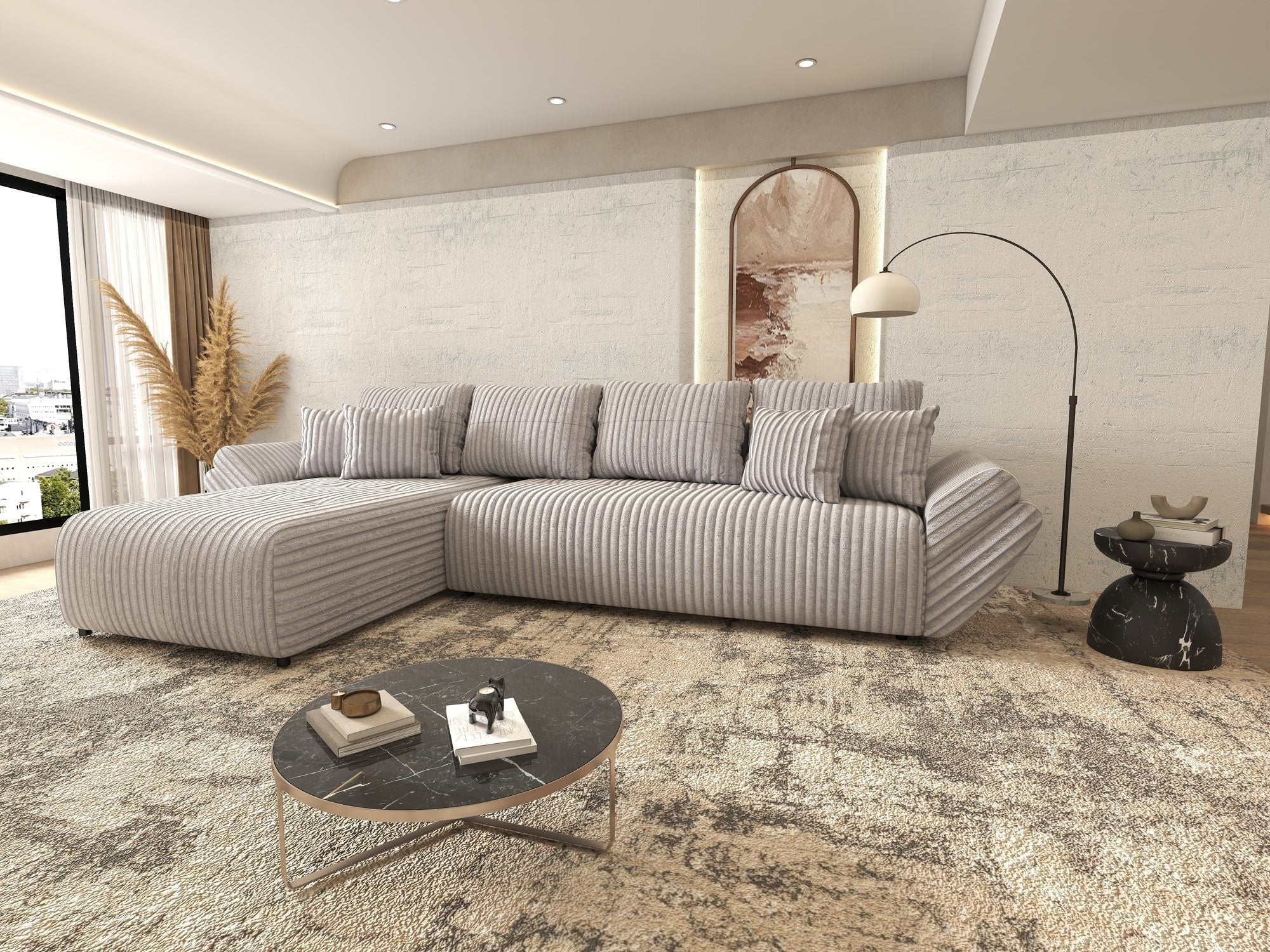 Colțar extensibil dumonde cu ladă de depozitare si sezut confortabil din spuma high-density, Berlin XL Tilia Gri 86 350x185 cm