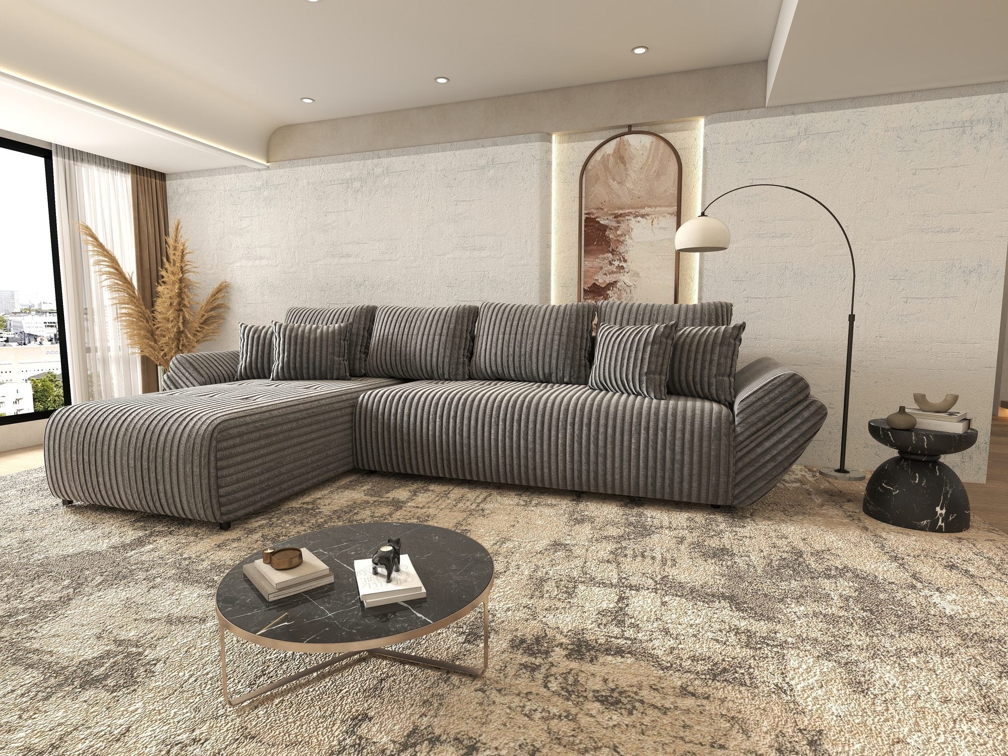 Colțar extensibil dumonde cu ladă de depozitare si sezut confortabil din spuma high-density, Berlin XL Tilia Gri 90 350x185 cm