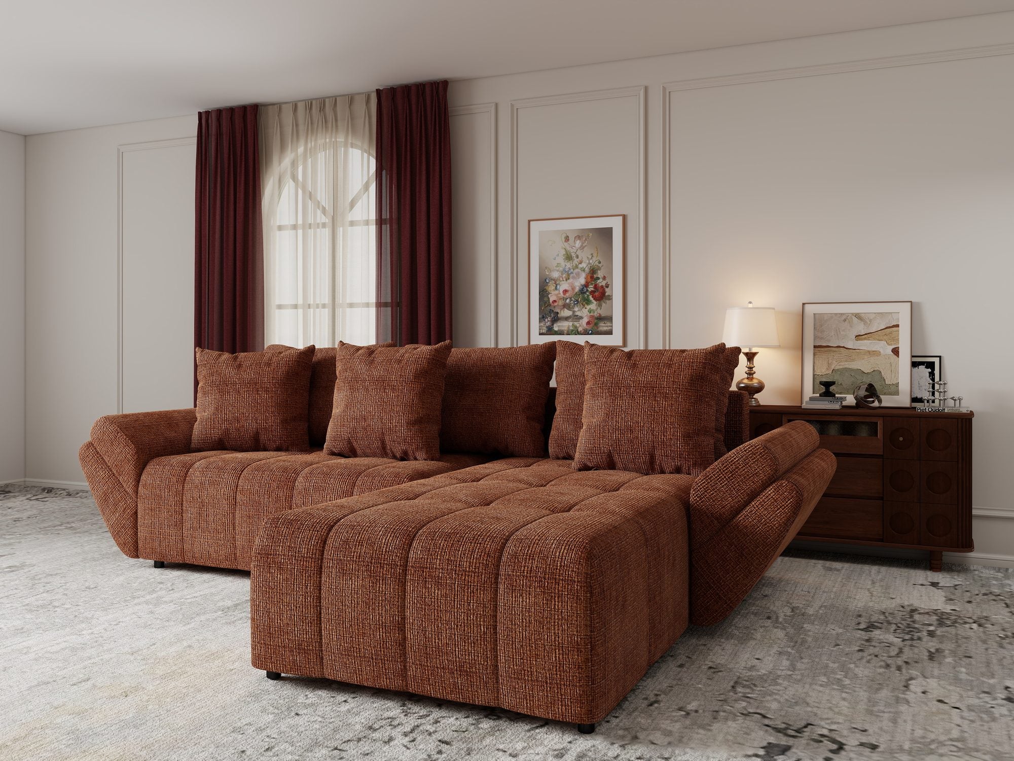 Colțar extensibil dumonde cu ladă de depozitare si sezut confortabil din spuma high-density, Berlin Cremona Teracota 52 II 280x185 cm