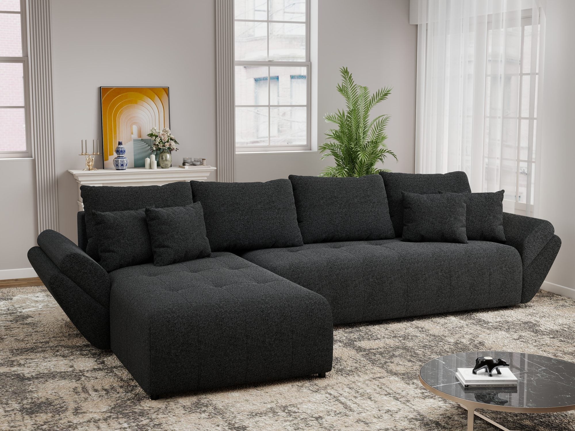 Colțar extensibil dumonde cu ladă de depozitare si sezut confortabil din spuma high-density, Berlin XL Monte Negru 99 350x185 cm