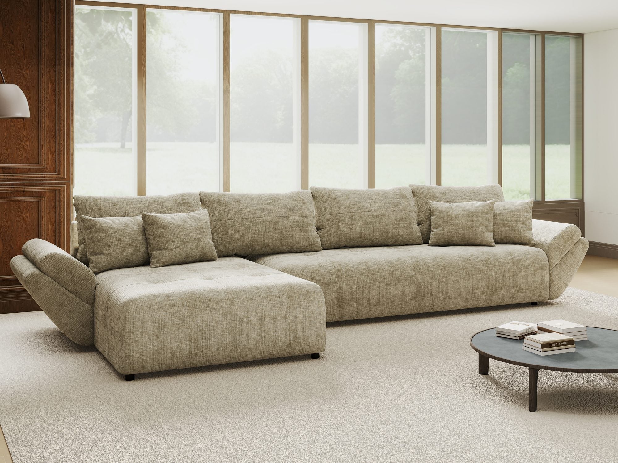 Colțar extensibil dumonde cu ladă de depozitare si sezut confortabil din spuma high-density, Berlin XL Cremona Bej 14 350x185 cm