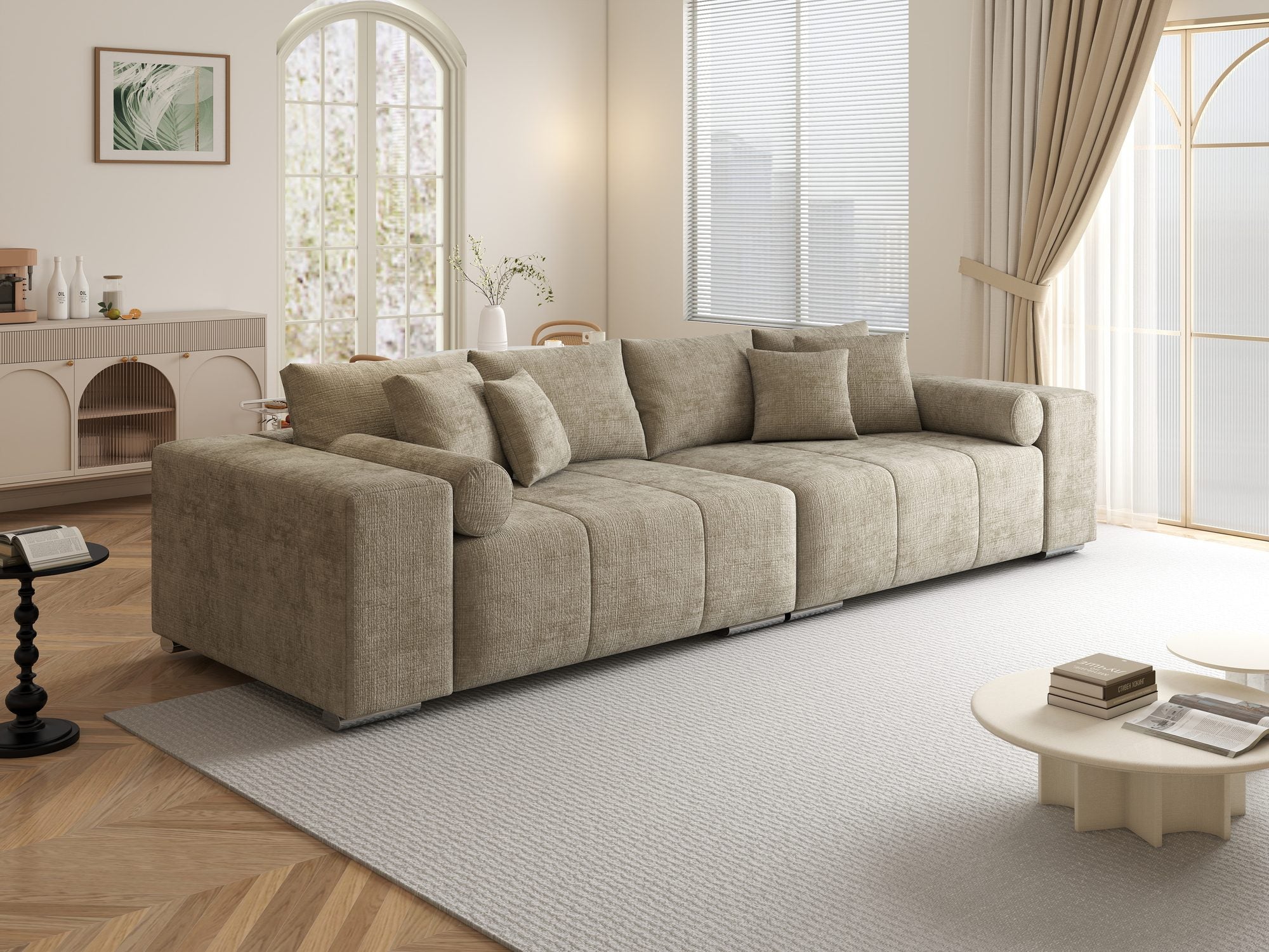 Canapea extensibilă dumonde cu ladă de depozitare si sezut confortabil din spuma high-density, Marbela XXL Cremona Bej 14 290x100 cm