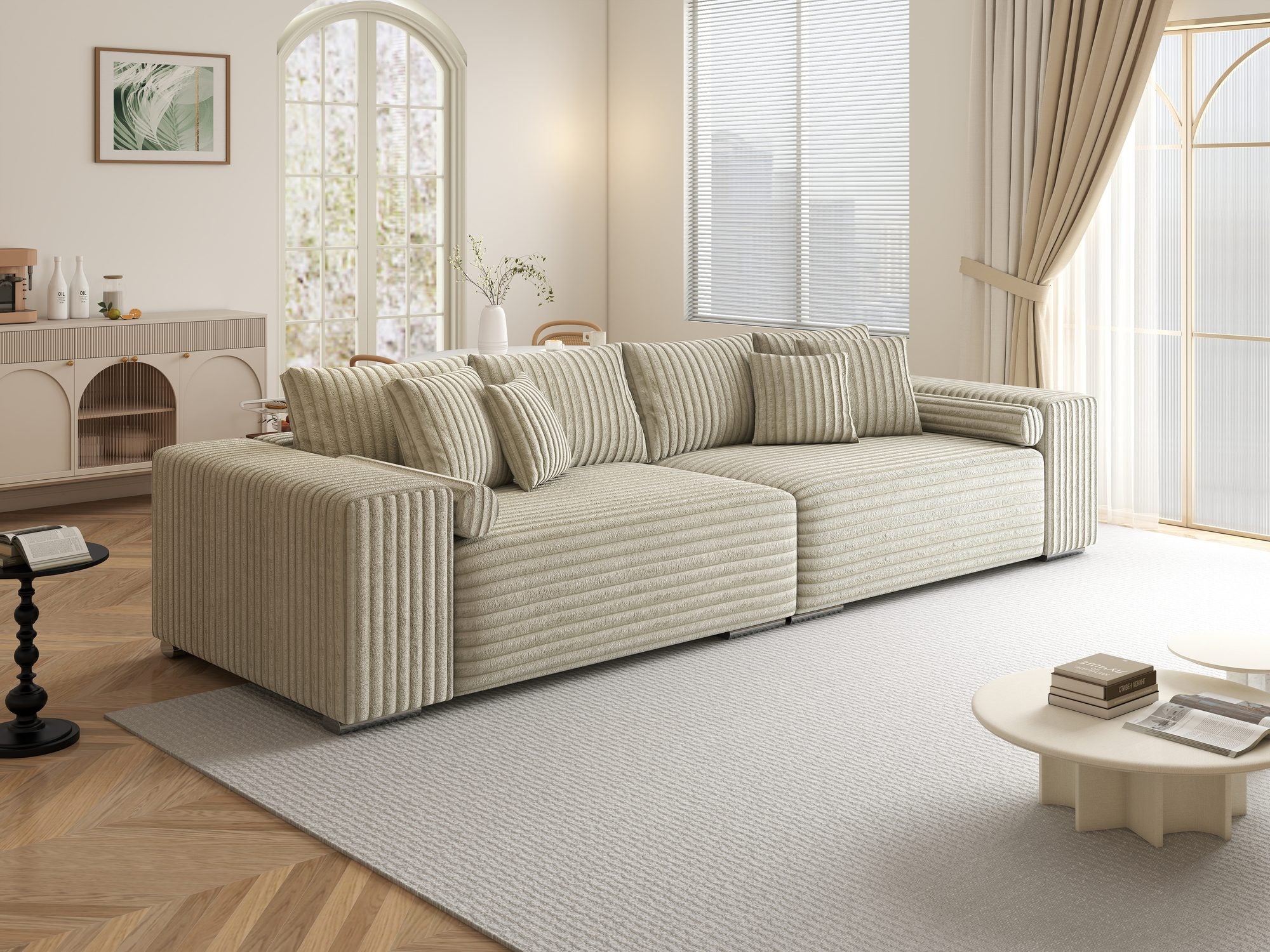 Canapea extensibilă dumonde cu ladă de depozitare si sezut confortabil din spuma high-density, Marbela XXL Tilia Bej 08 290x100 cm