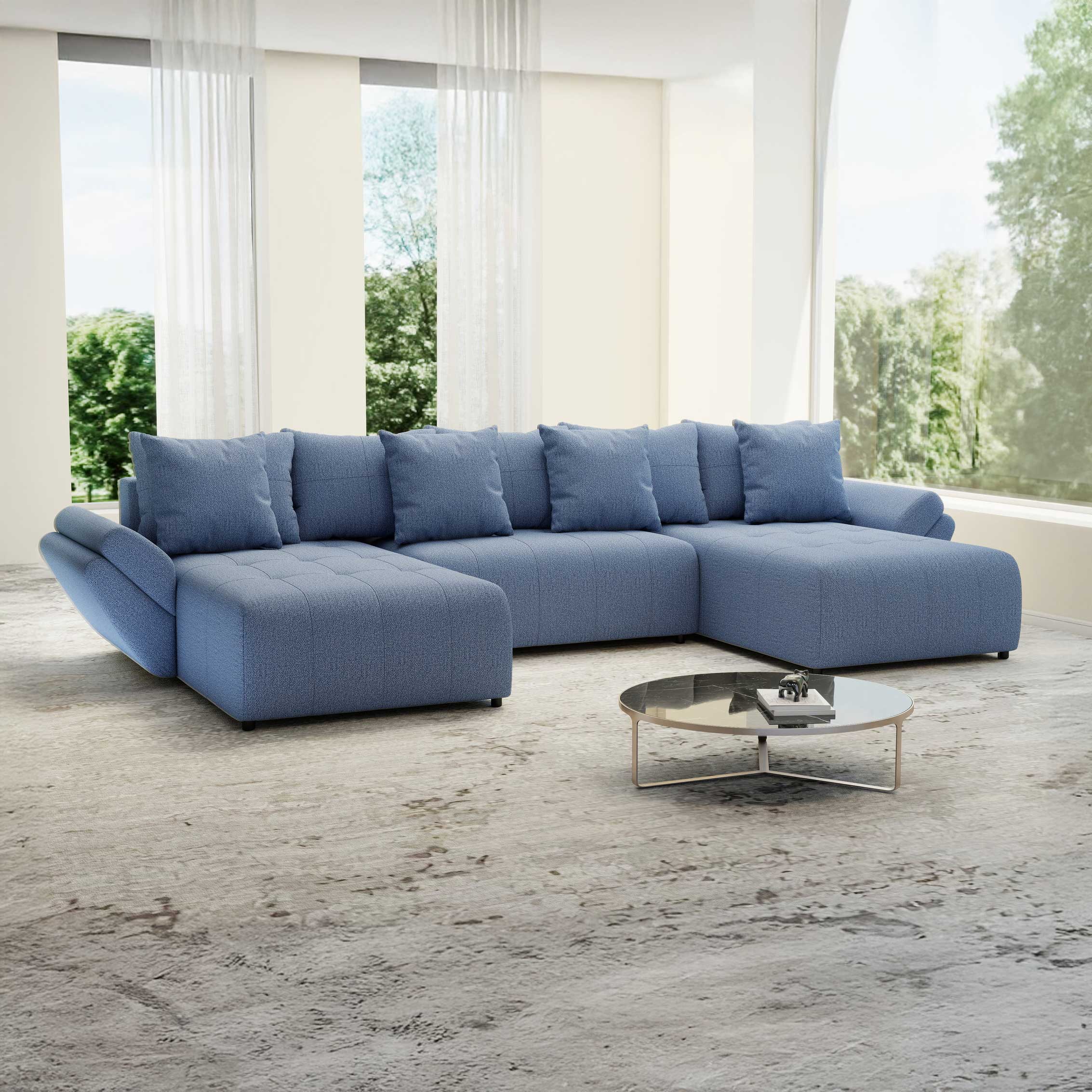 Colțar extensibil dumonde cu ladă de depozitare si sezut confortabil din spuma high-density, Berlin U Enjoy Blue 400x185 cm