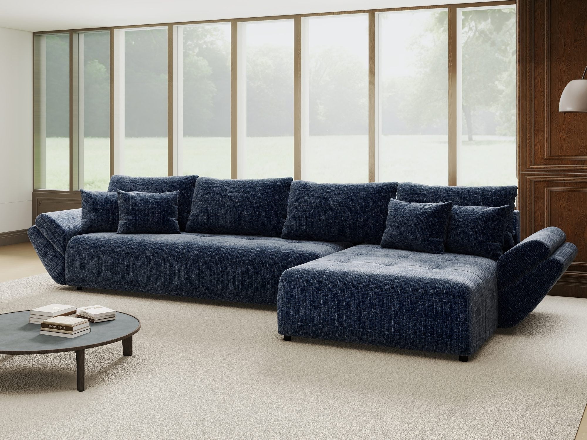 Colțar extensibil dumonde cu ladă de depozitare si sezut confortabil din spuma high-density, Berlin XL Cremona Albastru 79 II 350x185 cm