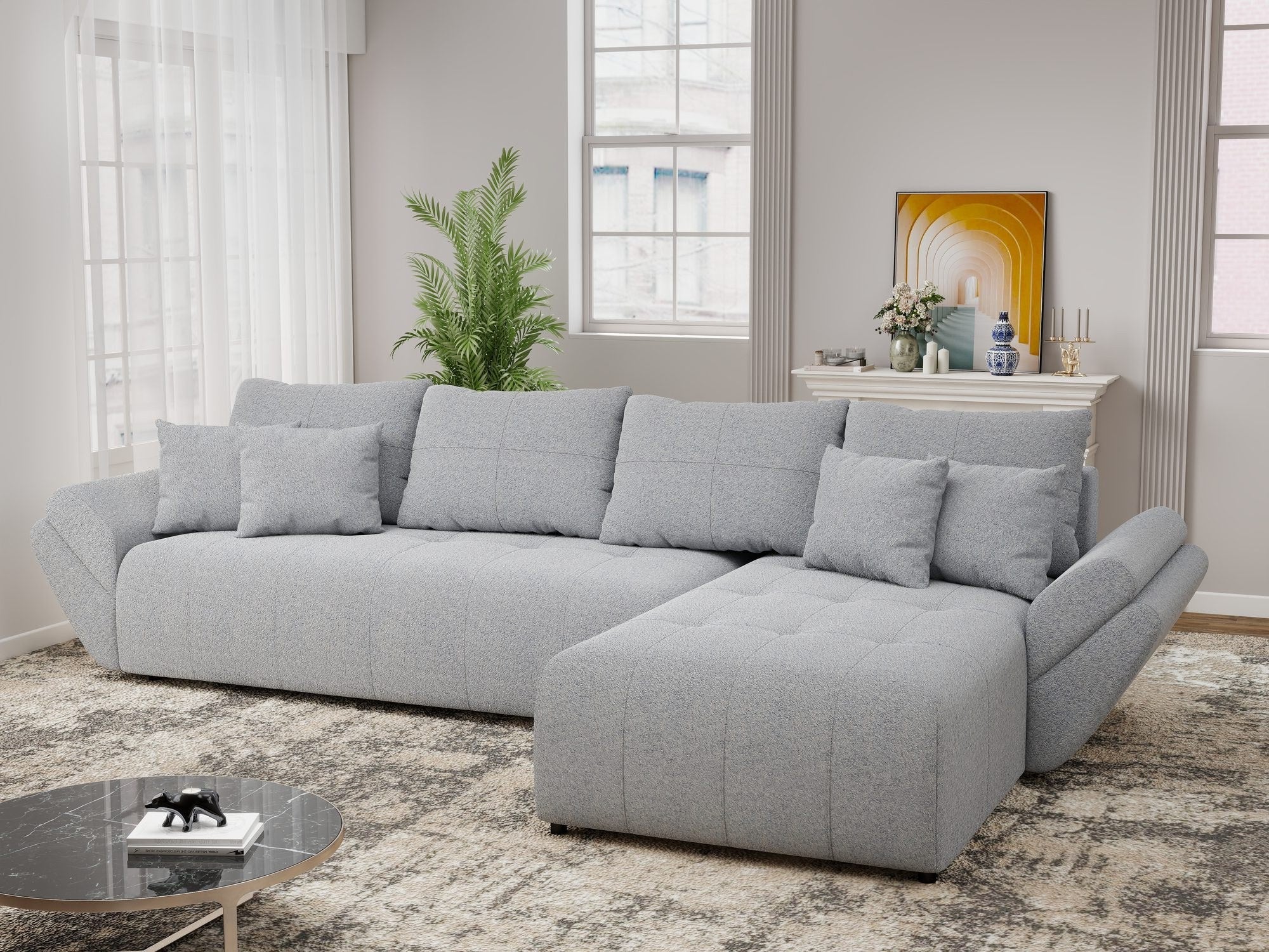 Colțar extensibil dumonde cu ladă de depozitare si sezut confortabil din spuma high-density, Berlin XL Monte Gri 84 II 350x185 cm