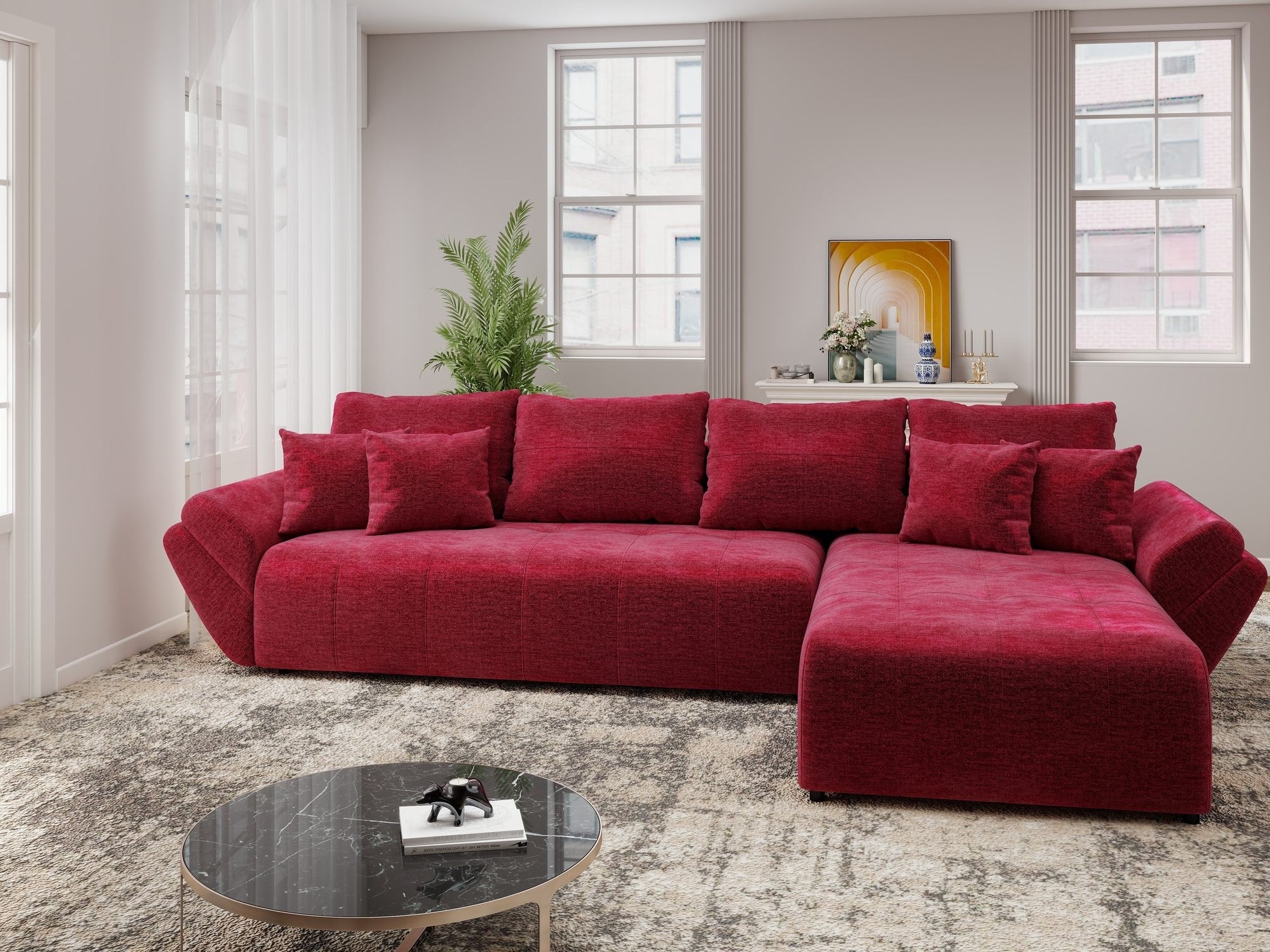 Colțar extensibil dumonde cu ladă de depozitare si sezut confortabil din spuma high-density, Berlin XL Monolith Rosu 59 II 350x185 cm