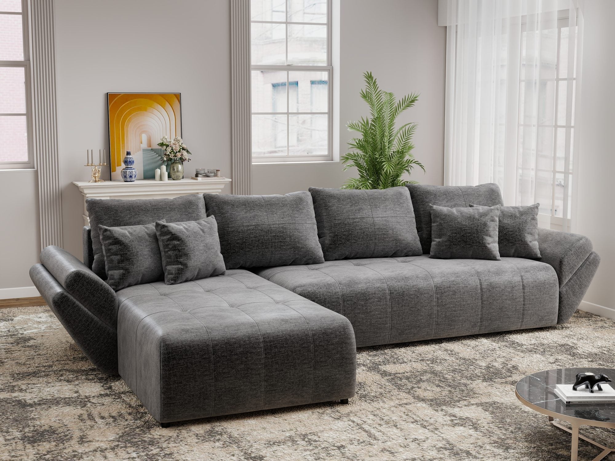 Colțar extensibil dumonde cu ladă de depozitare si sezut confortabil din spuma high-density, Berlin XL Monolith Gri Antracit 97 350x185 cm