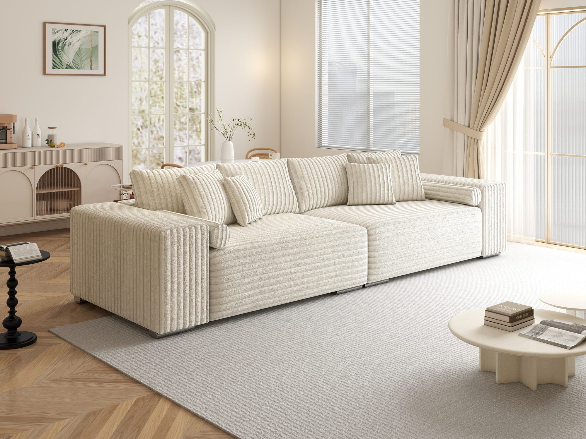 Canapea extensibilă dumonde cu ladă de depozitare si sezut confortabil din spuma high-density, Marbela XXL Tilia Bej 01 290x100 cm