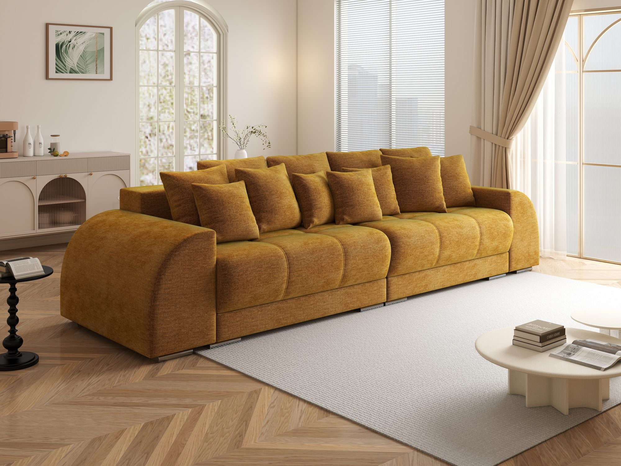 Canapea extensibilă dumonde cu 2 lăzi de depozitare si sezut confortabil din spuma high-density, Verona Monolith Mustar 48 310x100 cm