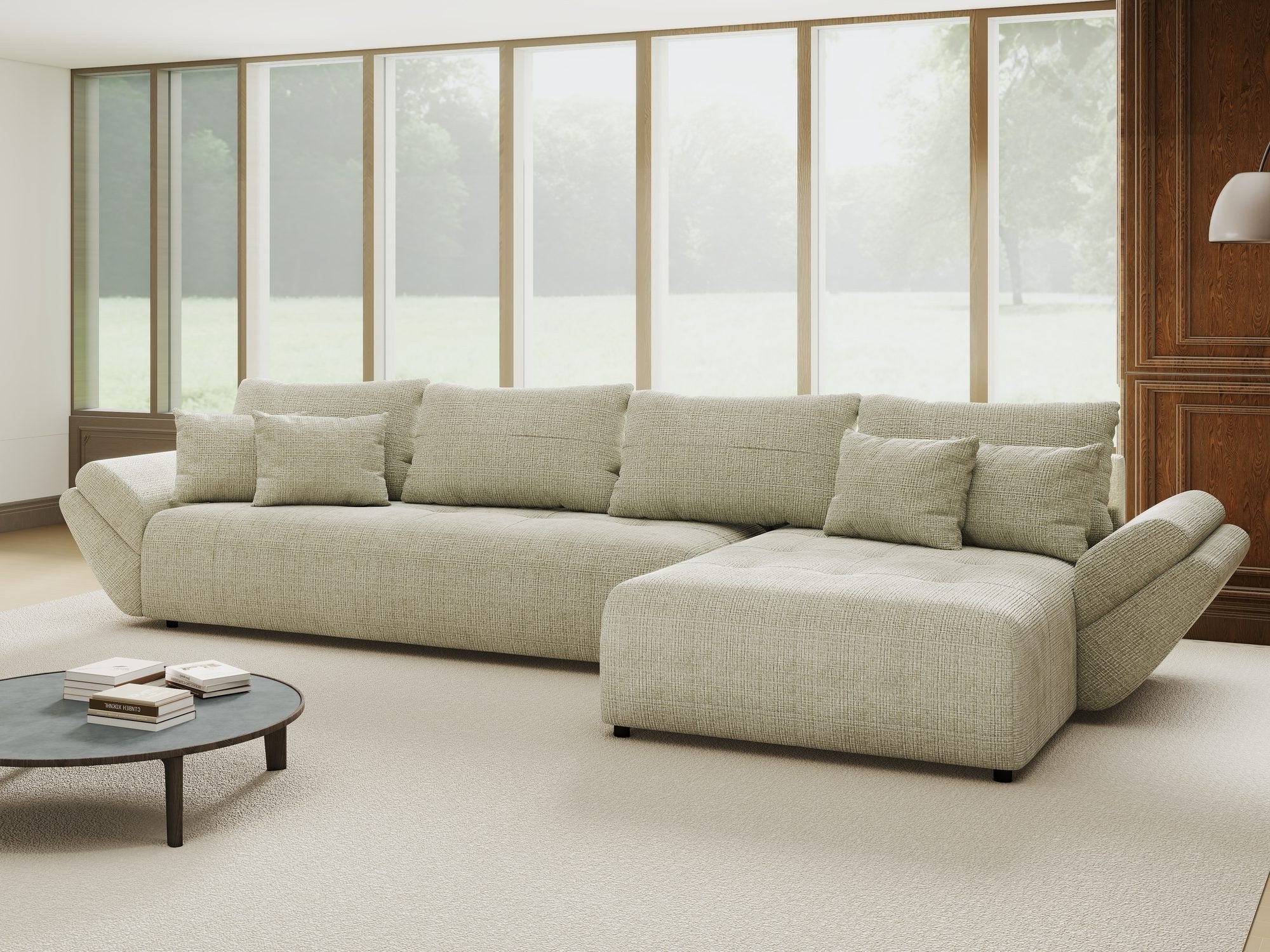 Colțar extensibil dumonde cu ladă de depozitare si sezut confortabil din spuma high-density, Berlin XL Cremona Bej 04 II 350x185 cm