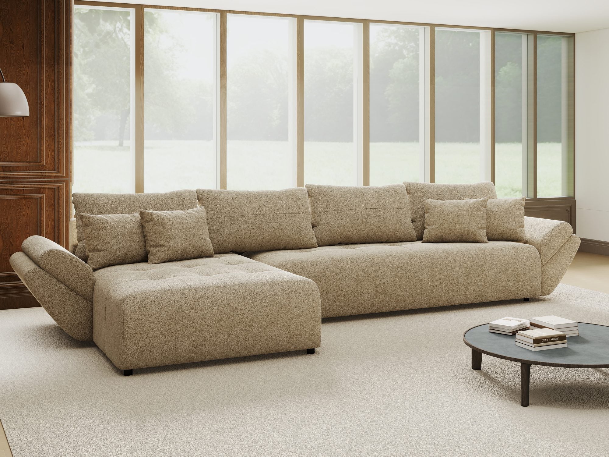 Colțar extensibil dumonde cu ladă de depozitare si sezut confortabil din spuma high-density, Berlin XL Quelle Bej 05 350x185 cm