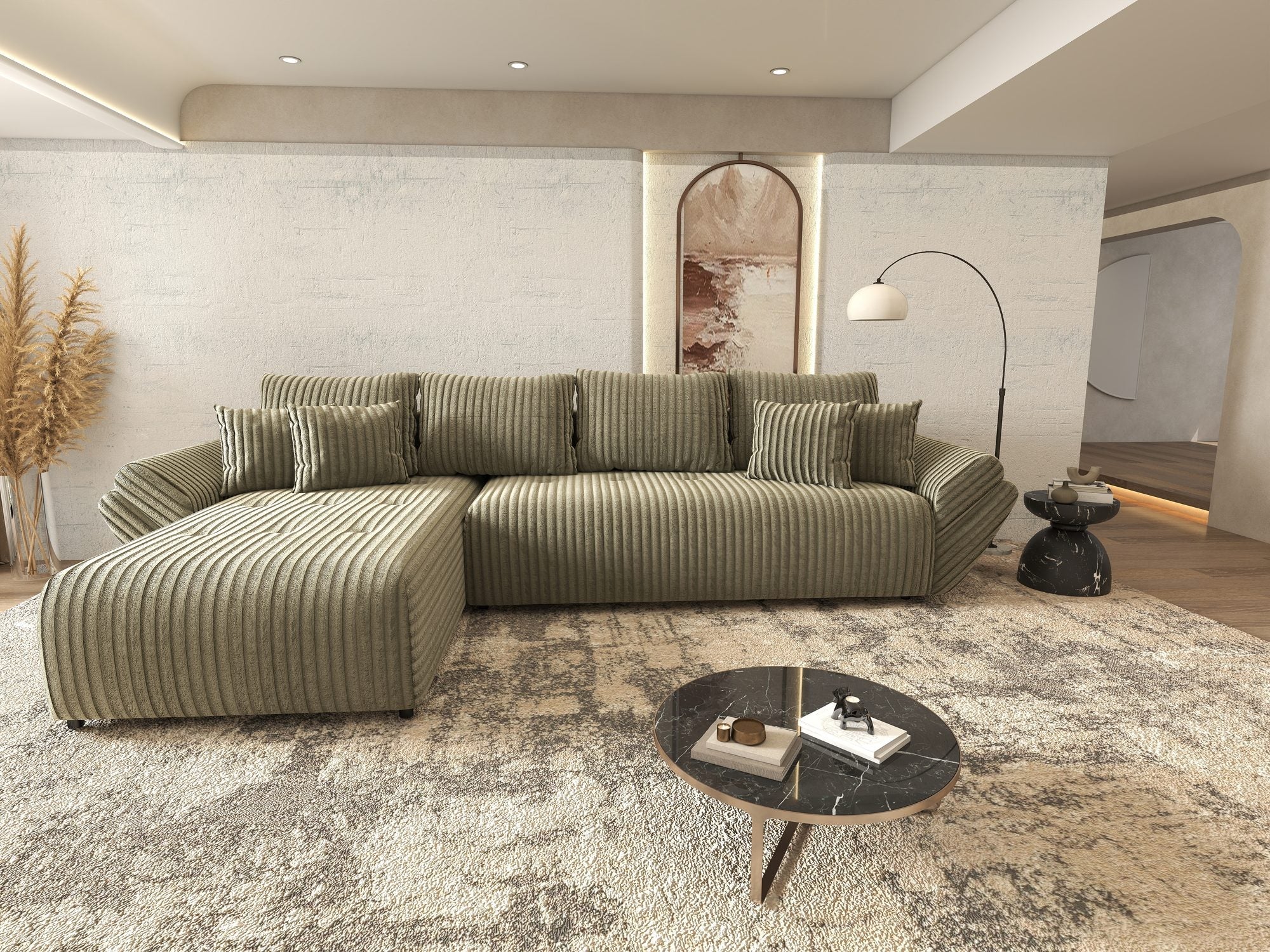 Colțar extensibil dumonde cu ladă de depozitare si sezut confortabil din spuma high-density, Berlin XL Tilia Verde Olive 37 350x185 cm
