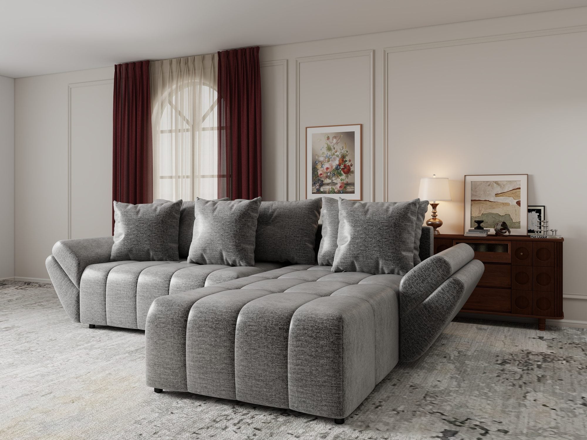 Colțar extensibil dumonde cu ladă de depozitare si sezut confortabil din spuma high-density, Berlin Monolith Gri 85 II 280x185 cm