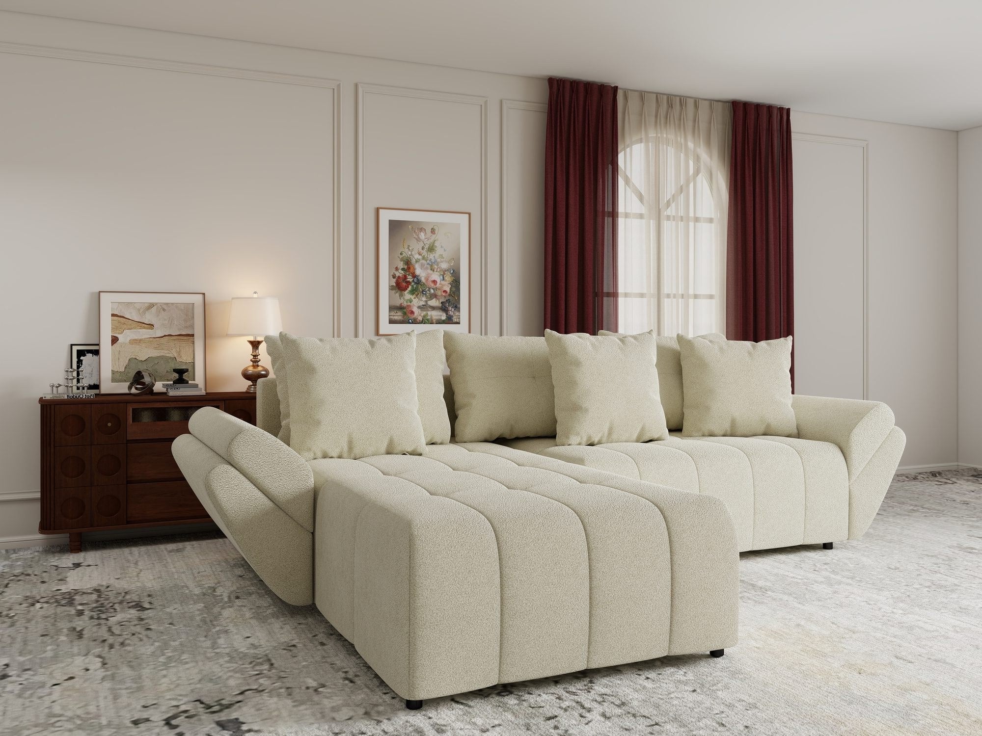 Colțar extensibil dumonde cu ladă de depozitare si sezut confortabil din spuma high-density, Berlin Quelle Bej 02 280x185 cm