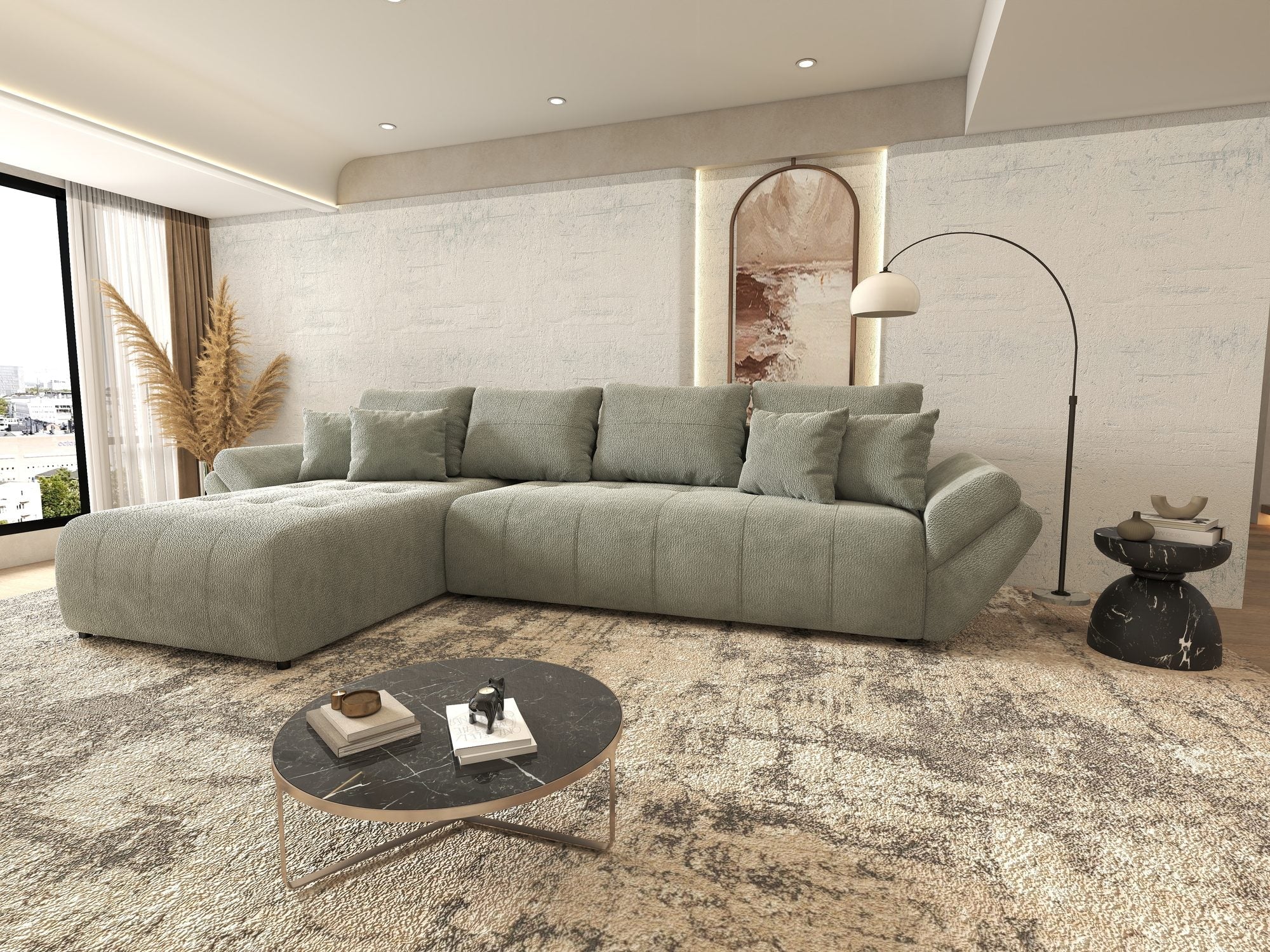 Colțar extensibil dumonde cu ladă de depozitare si sezut confortabil din spuma high-density, Berlin XL Vibe Mint 85 350x185 cm
