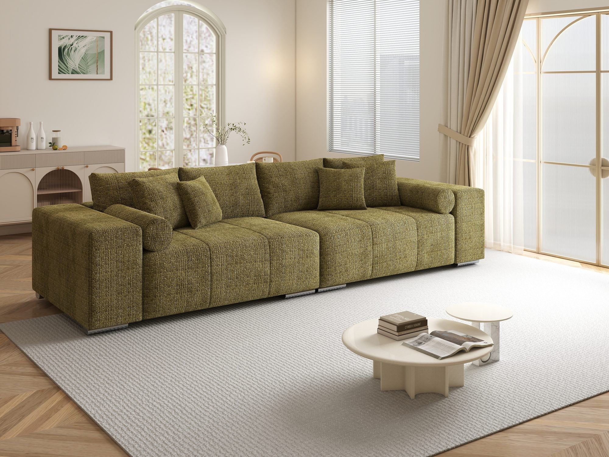 Canapea extensibilă dumonde cu ladă de depozitare si sezut confortabil din spuma high-density, Marbela XXL Cremona Olive 38 290x100 cm