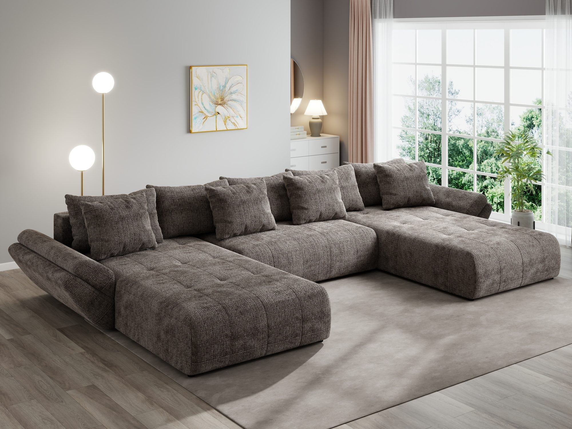 Colțar extensibil dumonde cu ladă de depozitare si sezut confortabil din spuma high-density, Berlin U Cremona Maro-bej 24 380x180 cm