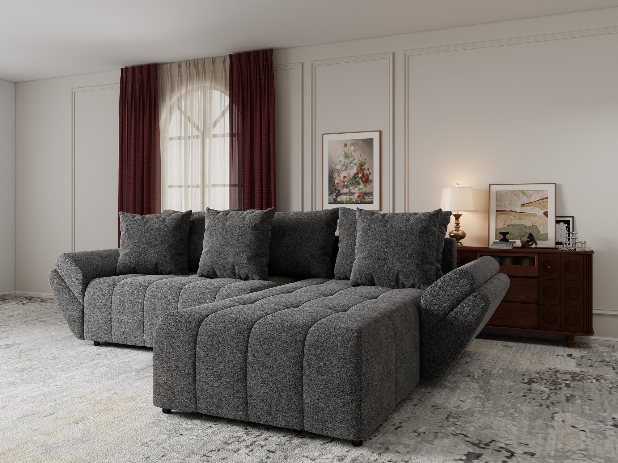 Colțar extensibil dumonde cu ladă de depozitare si sezut confortabil din spuma high-density, Berlin Quelle Gri 92 II 280x185 cm