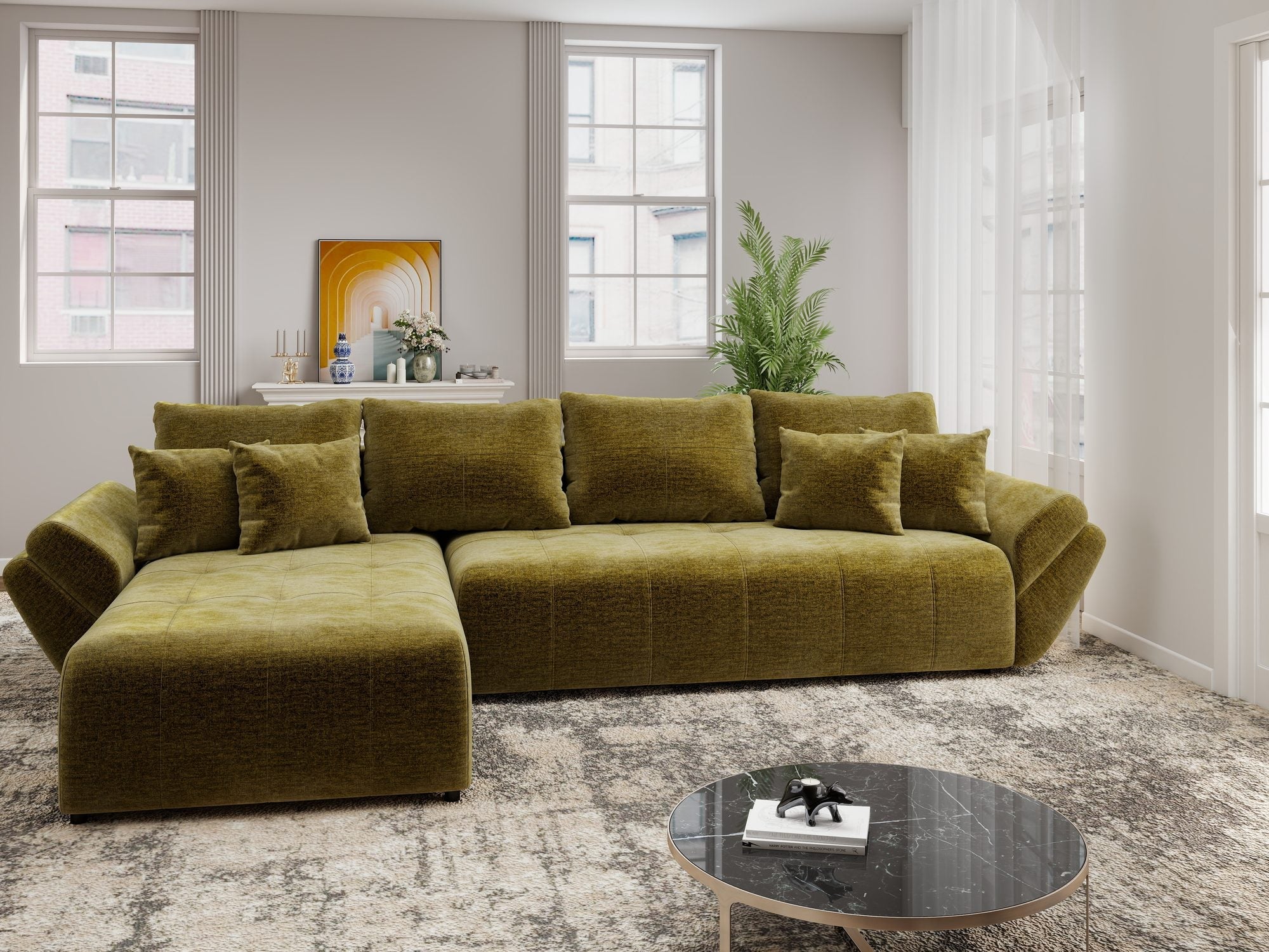Colțar extensibil dumonde cu ladă de depozitare si sezut confortabil din spuma high-density, Berlin XL Monolith Verde Olive 38 350x185 cm