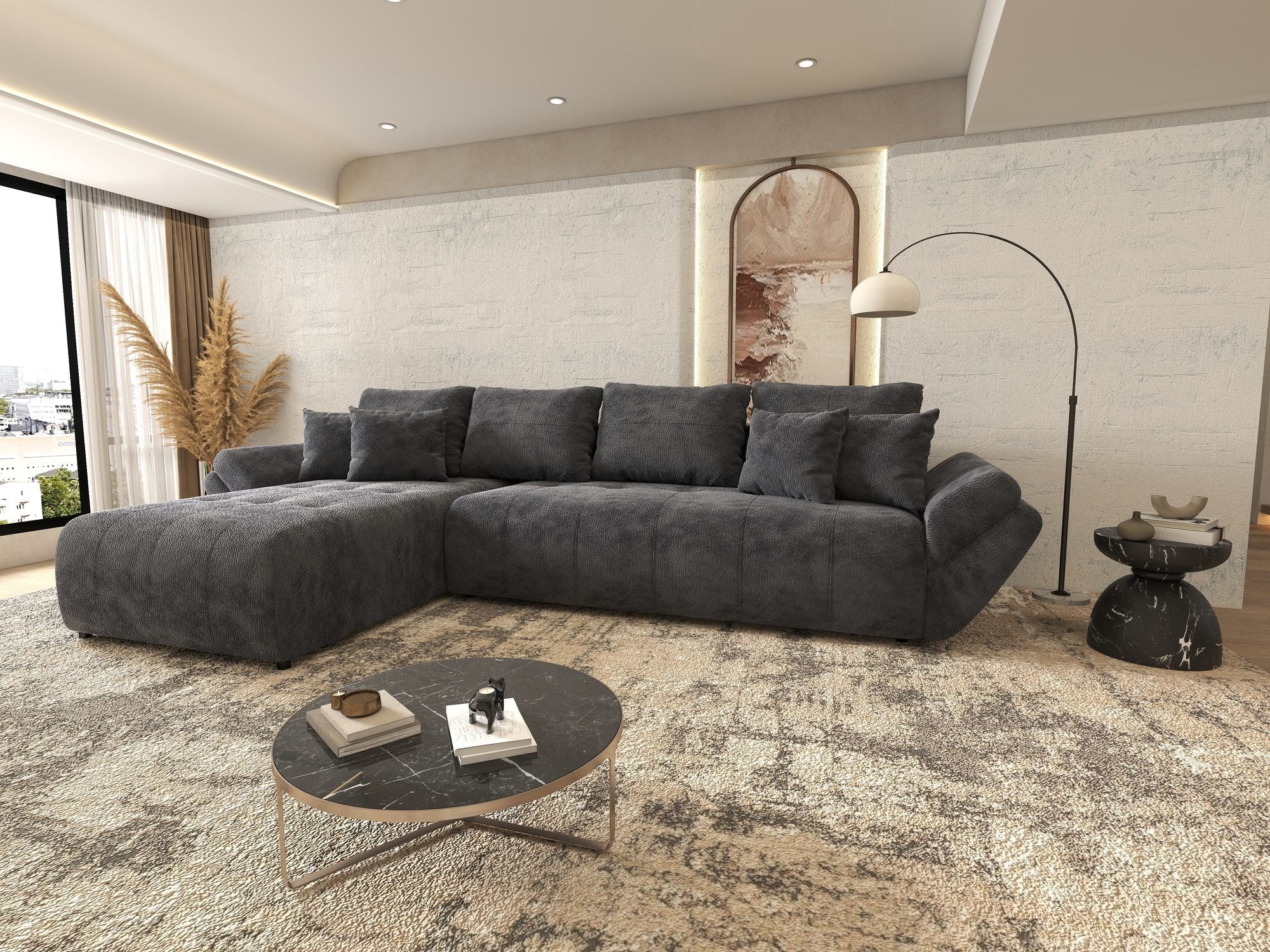 Colțar extensibil dumonde cu ladă de depozitare si sezut confortabil din spuma high-density, Berlin XL Vibe Gri Antracit 97 350x185 cm