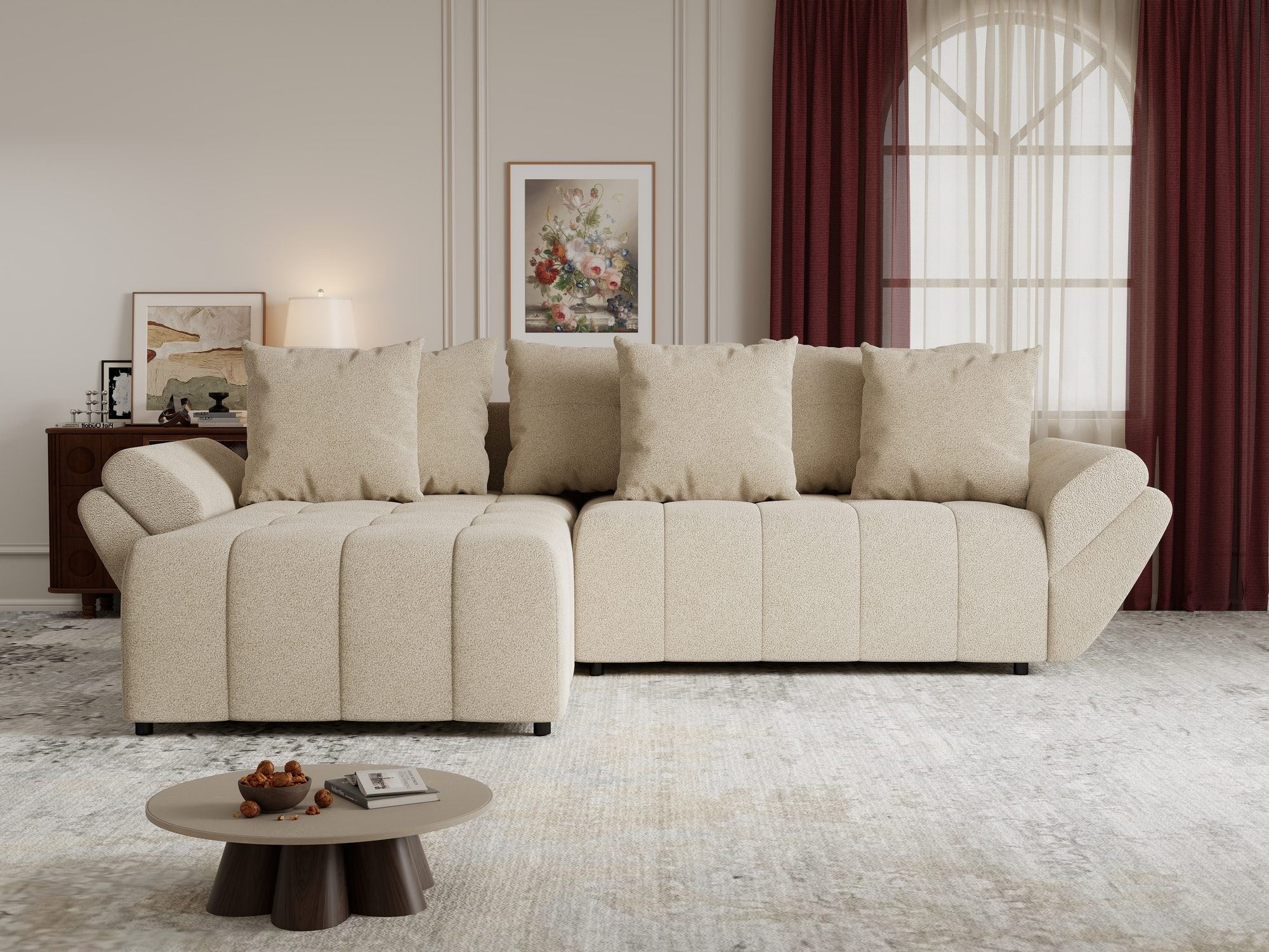Colțar extensibil dumonde cu ladă de depozitare si sezut confortabil din spuma high-density, Berlin Quelle Bej 05 280x185 cm
