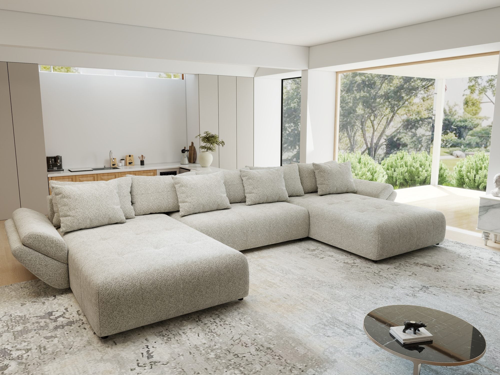 Colțar extensibil dumonde cu ladă de depozitare si sezut confortabil din spuma high-density, Berlin U Arena Bej 2 380x180 cm