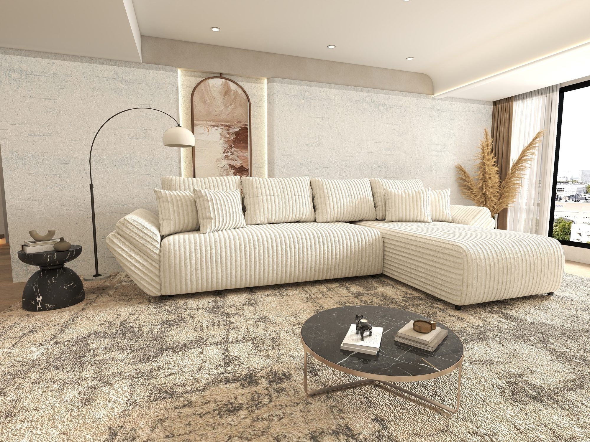 Colțar extensibil dumonde cu ladă de depozitare si sezut confortabil din spuma high-density, Berlin XL Tilia Bej 01 II 350x185 cm