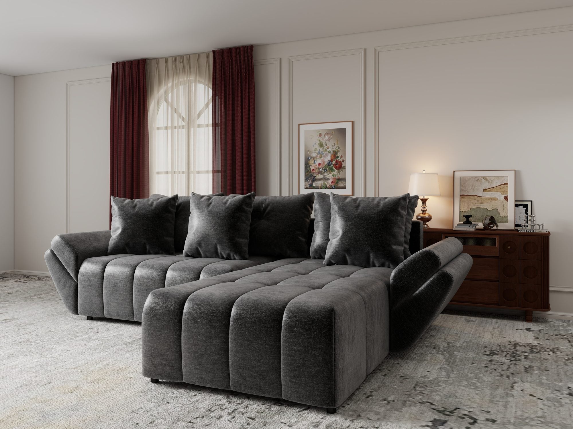 Colțar extensibil dumonde cu ladă de depozitare si sezut confortabil din spuma high-density, Berlin Monolith Gri Antracit 97 II 280x185 cm