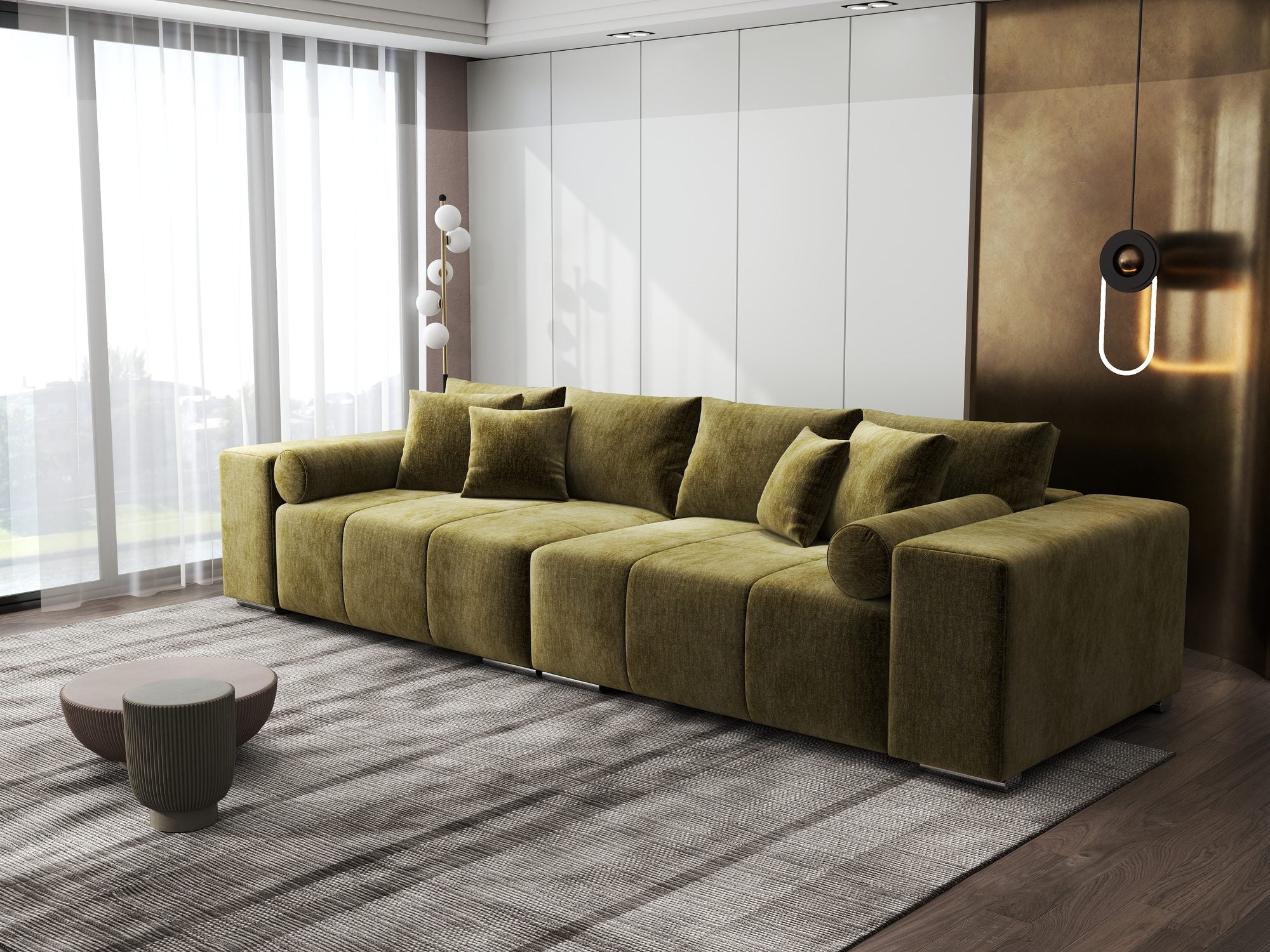 Canapea extensibilă dumonde cu ladă de depozitare si sezut confortabil din spuma high-density, Marbela XXL Monolith Verde Olive 38 290x100 cm