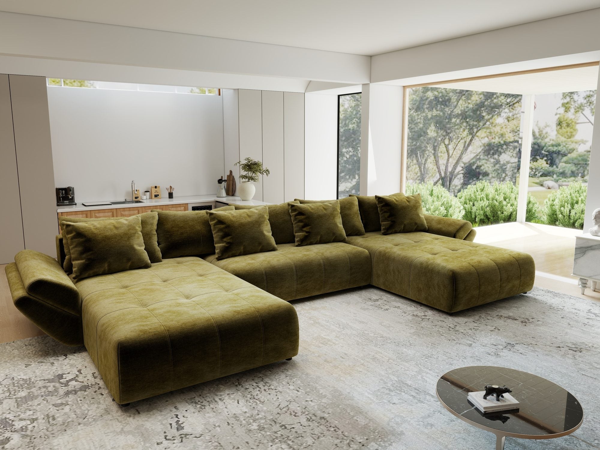 Colțar extensibil dumonde cu ladă de depozitare si sezut confortabil din spuma high-density, Berlin U Monolith Verde Olive 38 380x180 cm